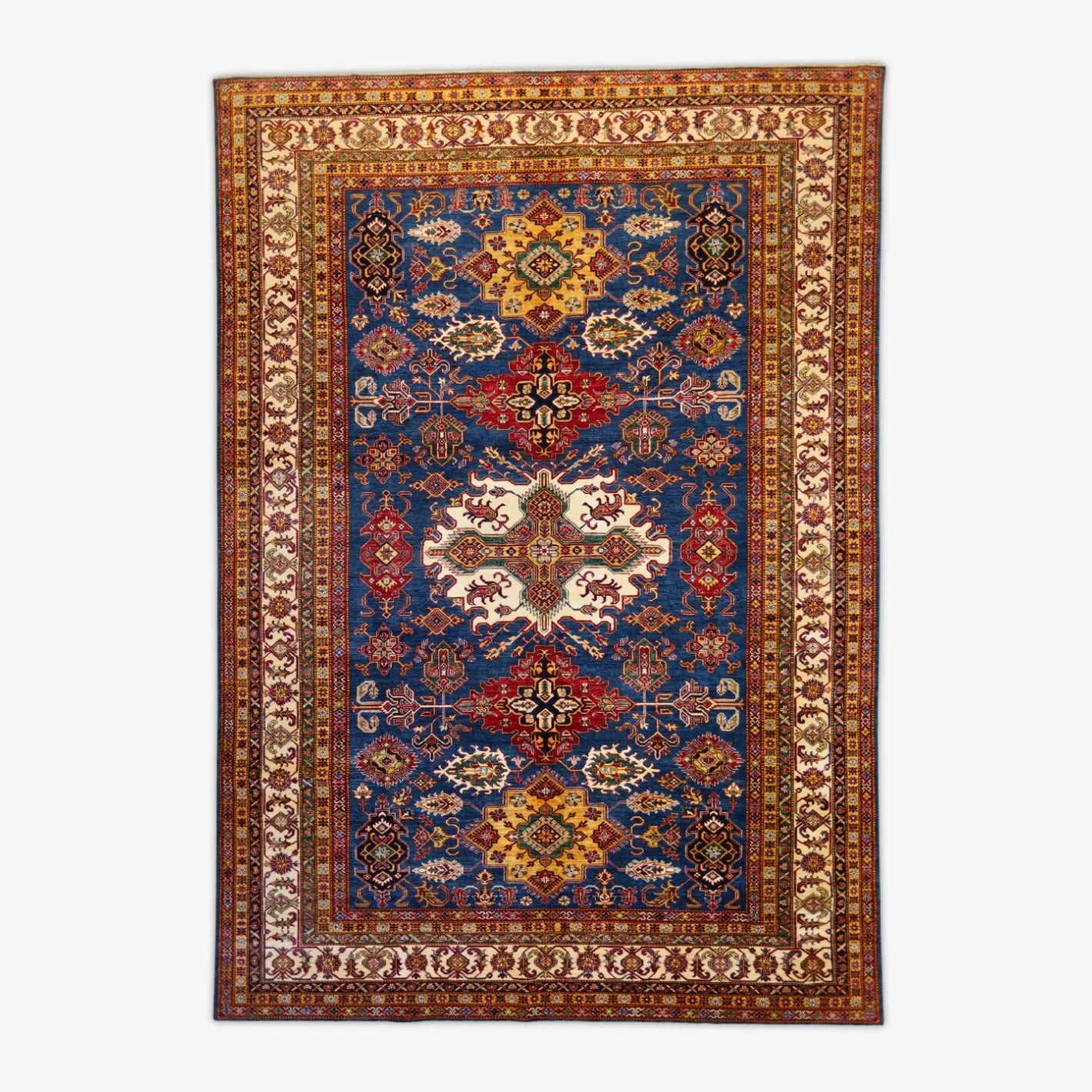 9'9" x 13'11" NAVY AND IVORY KAZAK GEOMETRIC PAKISTANI RUG