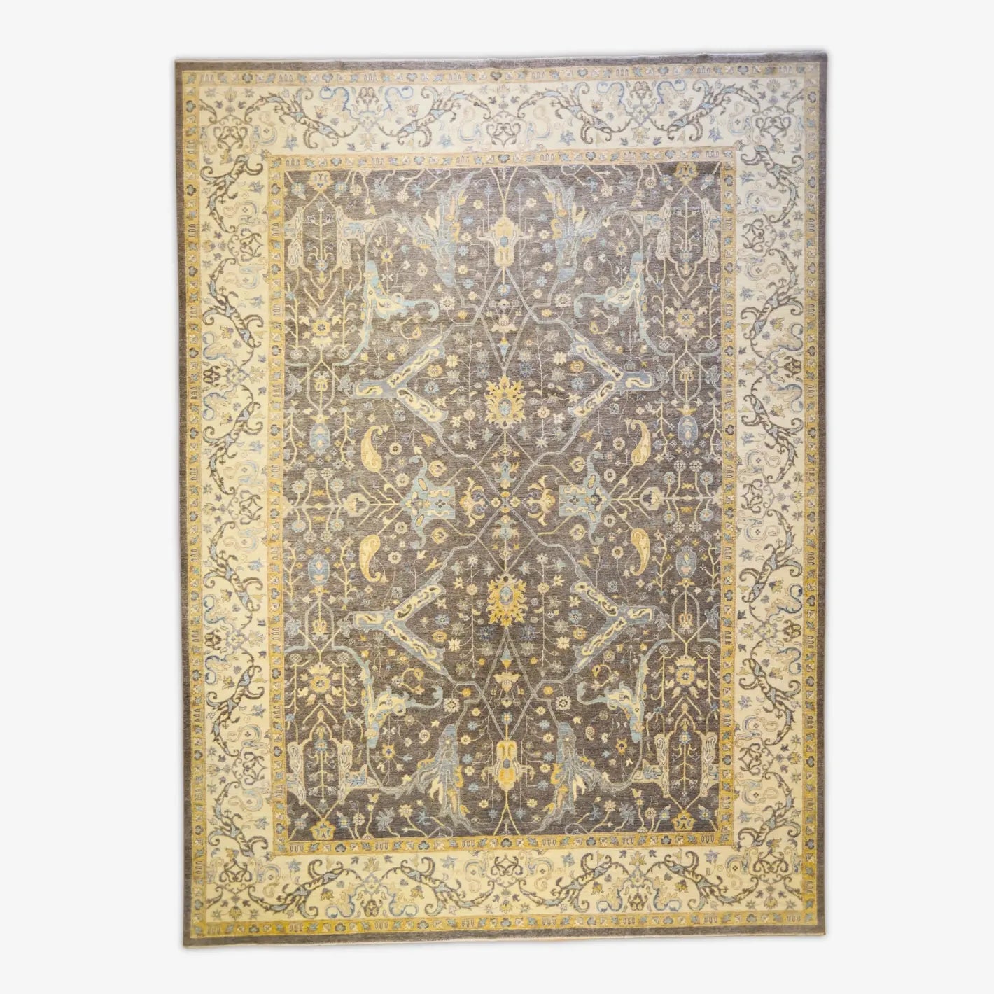 10'3" x 13'11" GRAY AND IVORY PESHAWAR FLORAL PAKISTANI RUG