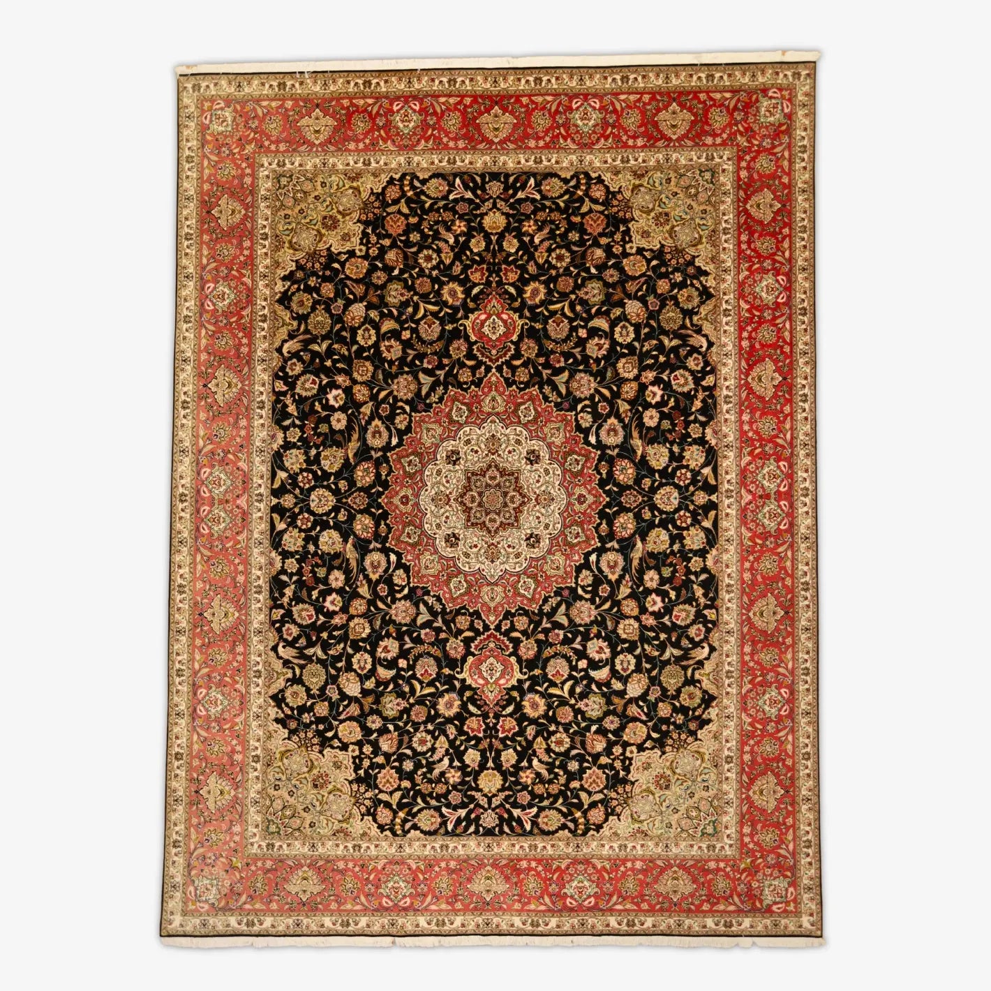 9'7" x  12'11" BLACK AND ROSE TABRIZ FLORAL PERSIAN RUG