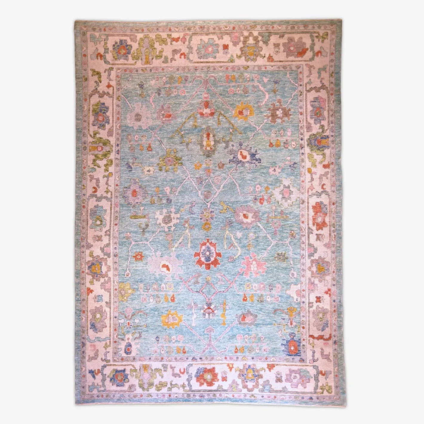 10'   0" x  14'   5" TEAL AND IVORY OUSHAK GEOMETRIC TURKISH RUG