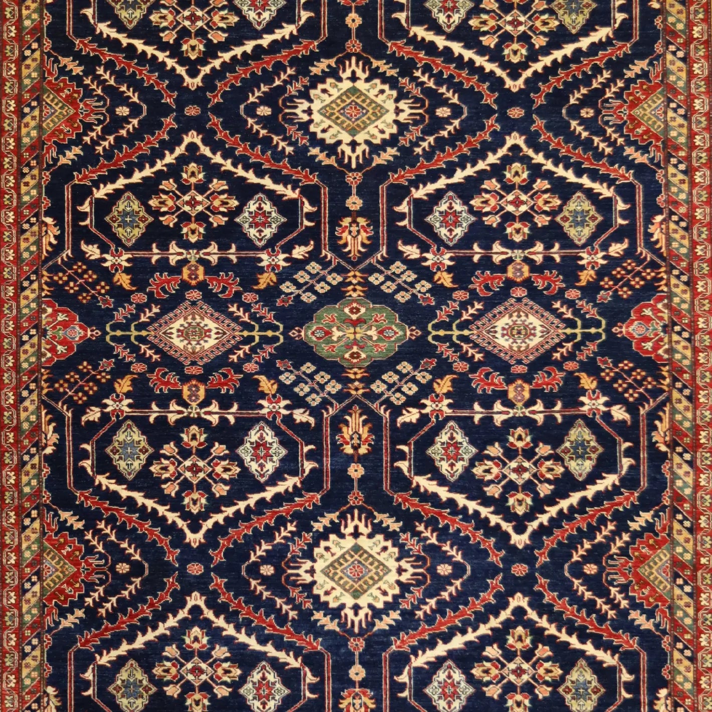 10'0" x 13'7" NAVY AND BEIGE KAZAK GEOMETRIC PAKISTANI RUG