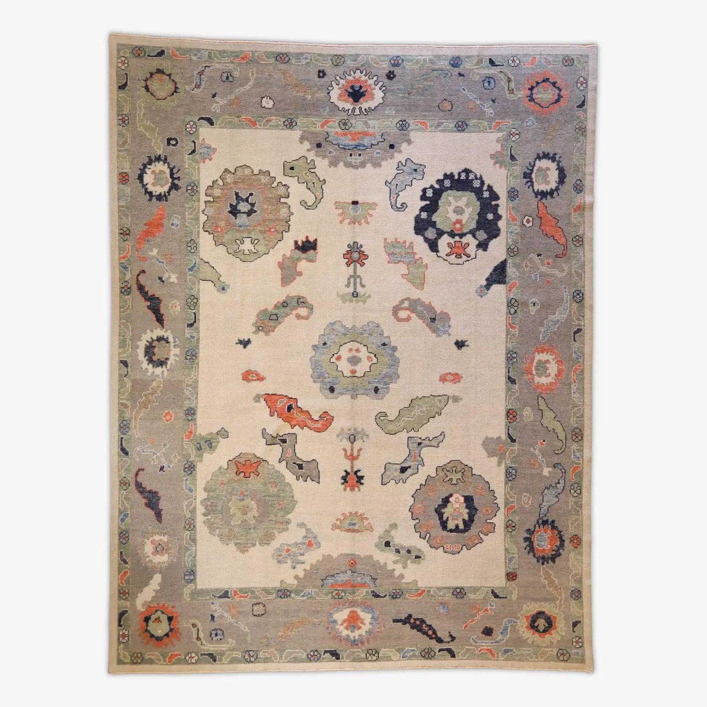 10'1" x 13'1" BEIGE AND GRAY OUSHAK GEOMETRIC TURKISH RUG