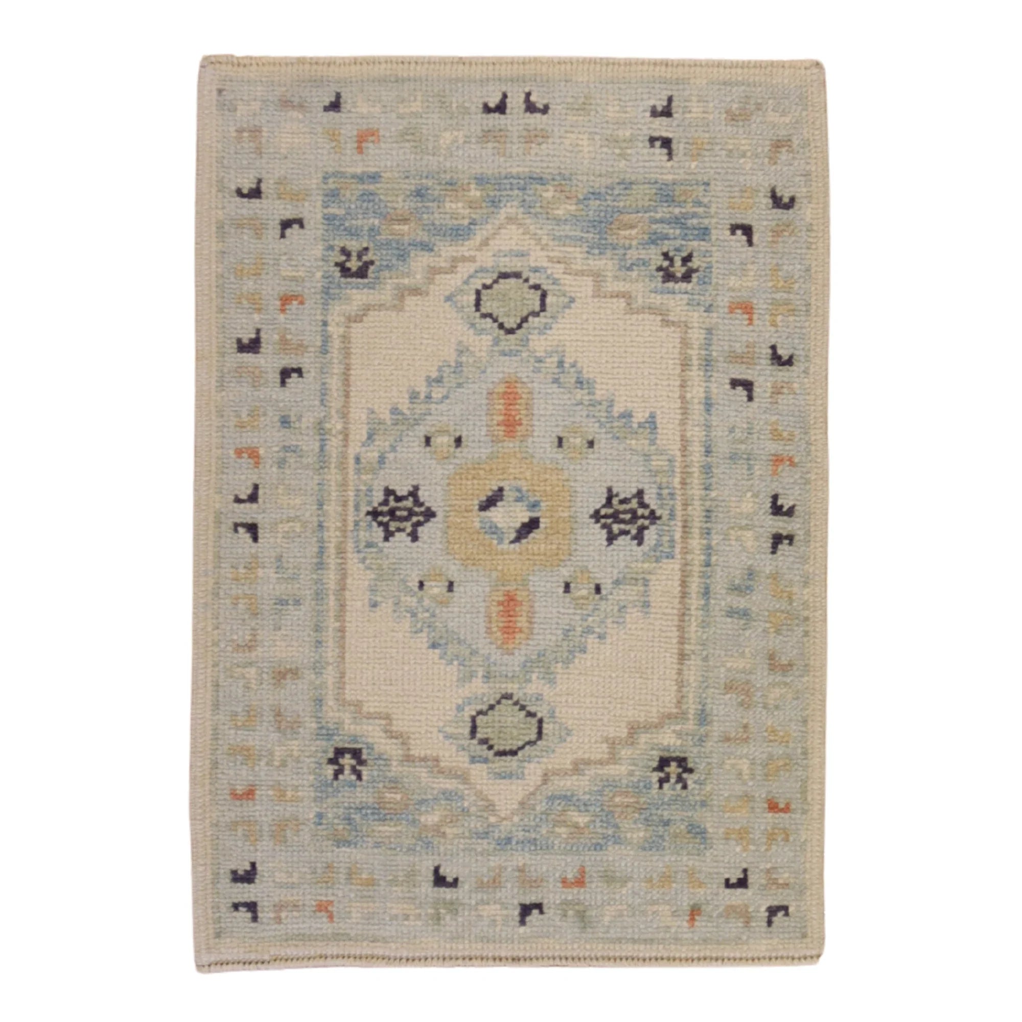 2'0" x 3'0" BEIGE AND BLUE OUSHAK GEOMETRIC TURKISH RUG