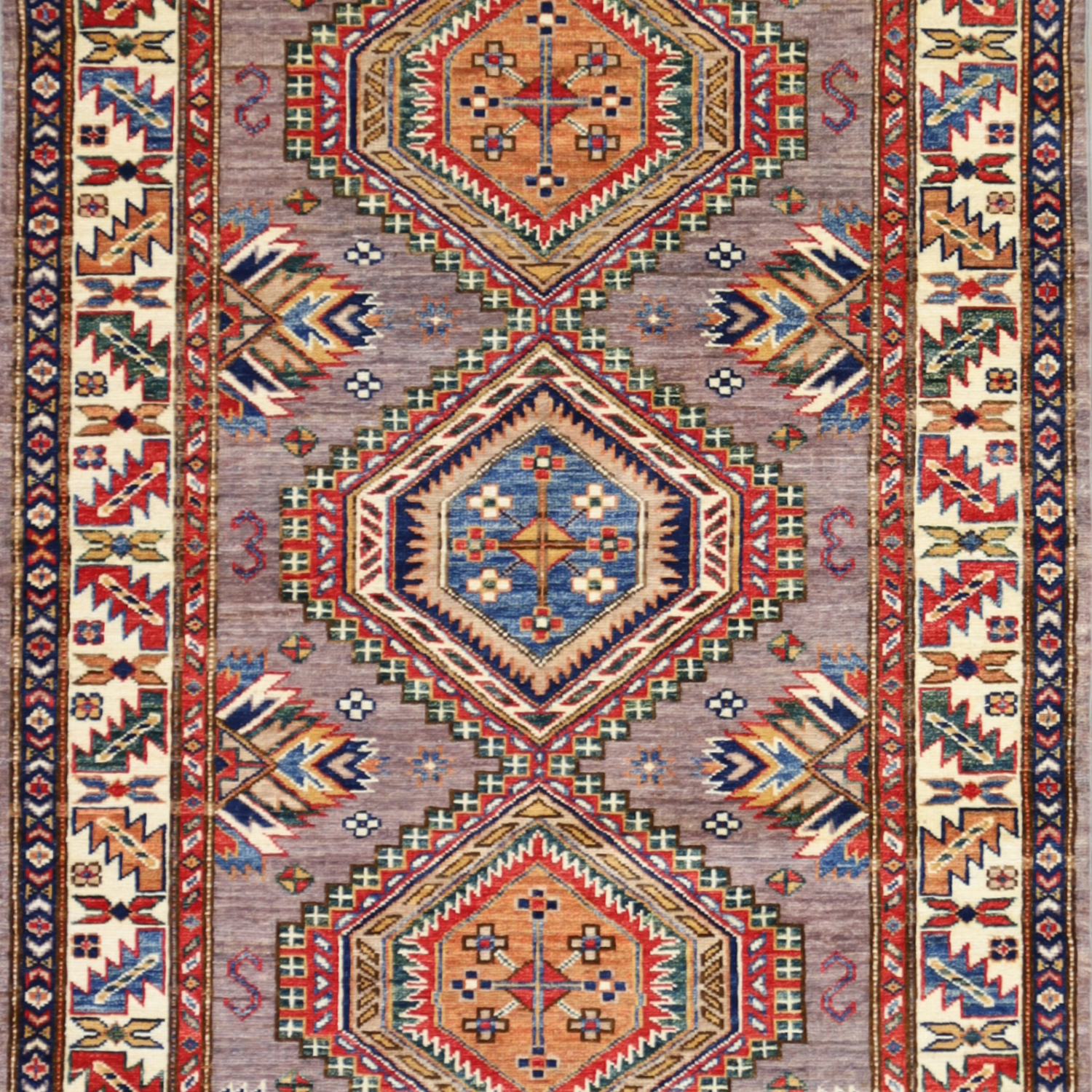 3'4" x 5'3" GRAY AND IVORY KAZAK GEOMETRIC PAKISTANI RUG