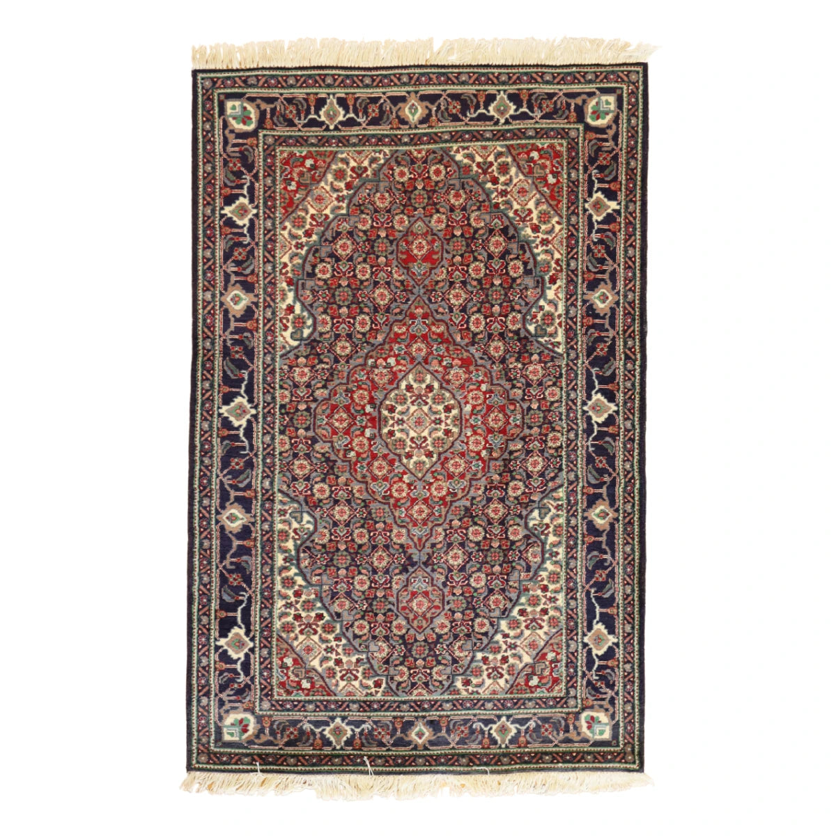 4'0" x 6'2" RED AND NAVY TABRIZ GEOMETRIC PERSIAN RUG