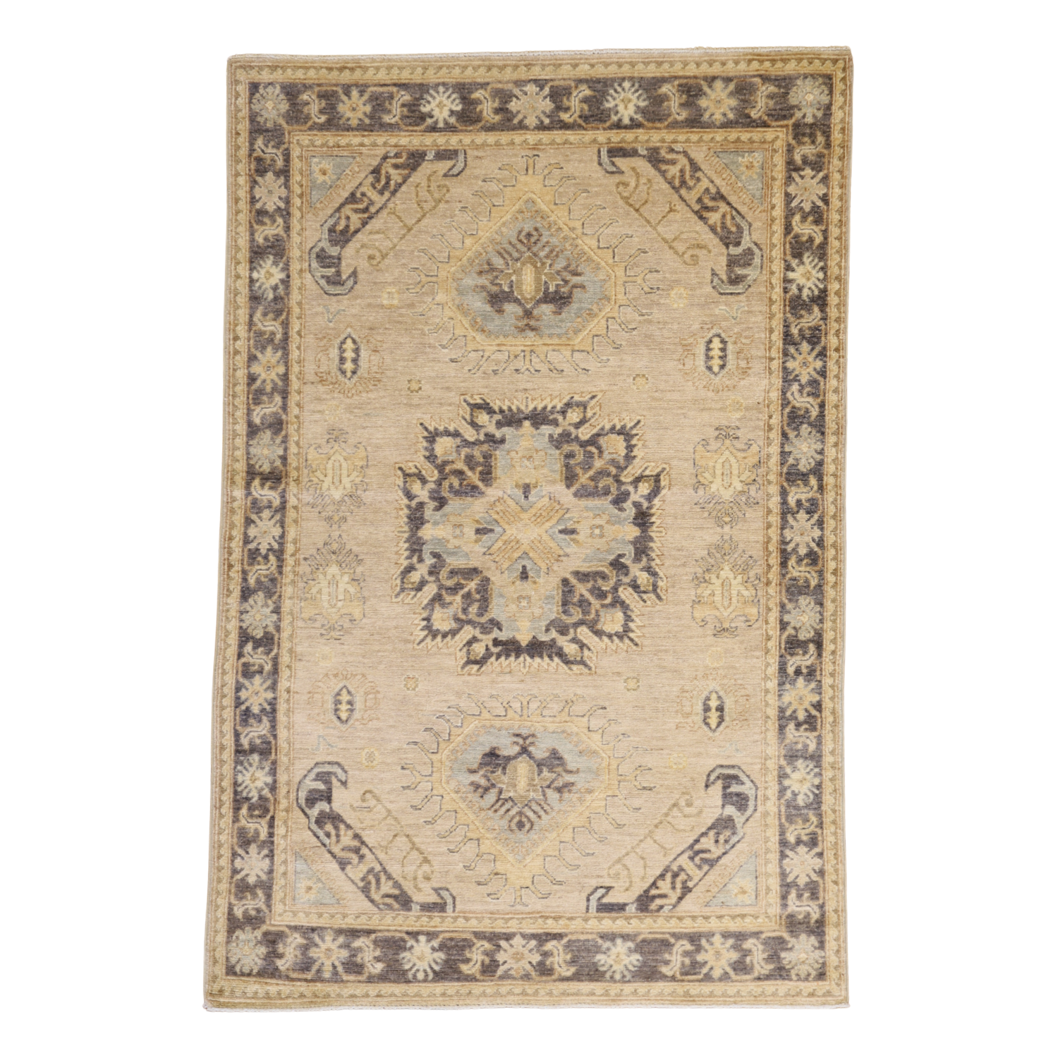 3'10" x 5'11" BEIGE AND NAVY PESHAWAR GEOMETRIC PAKISTANI RUG