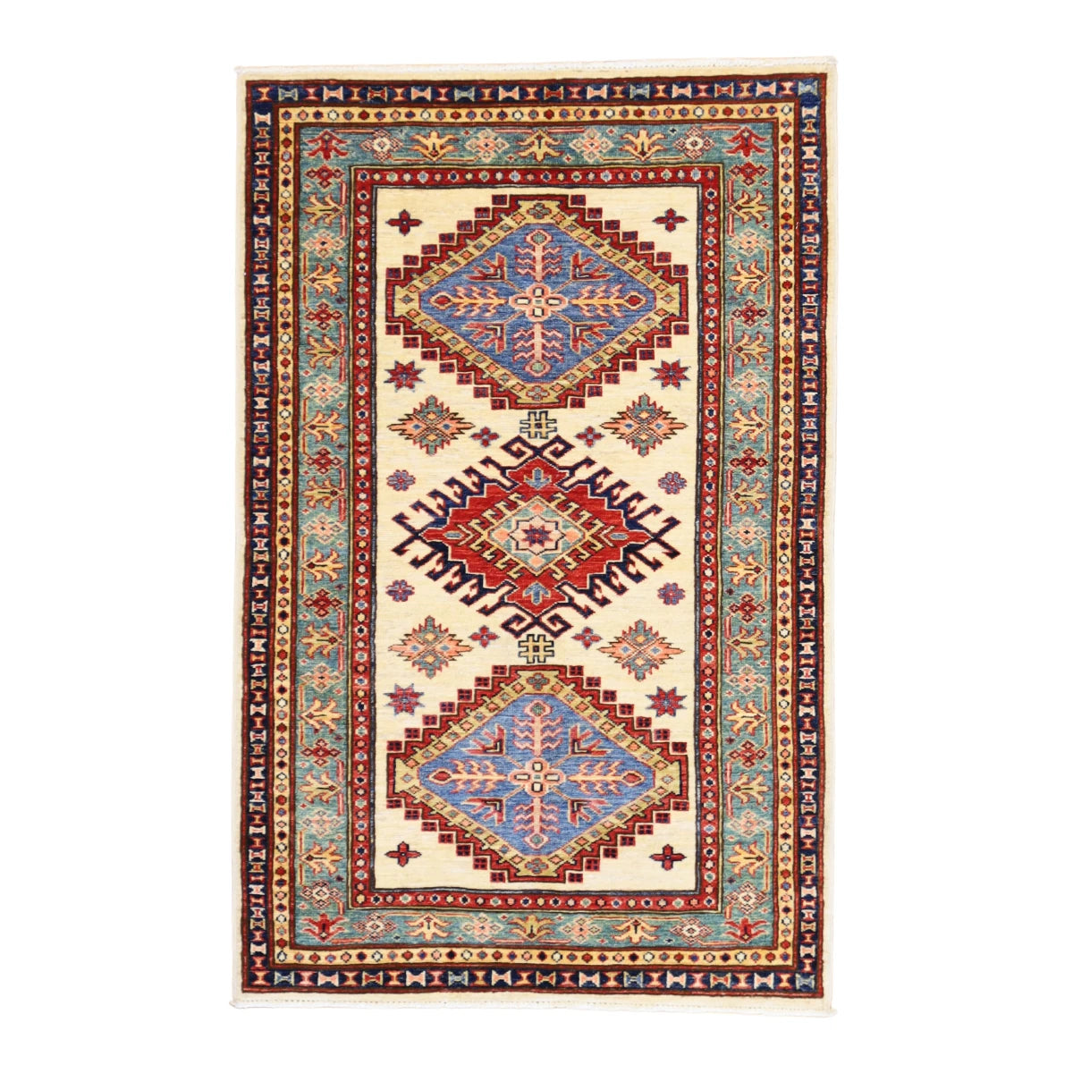 2'10" x 4'5" BEIGE AND GREEN KAZAK GEOMETRIC PAKISTANI RUG