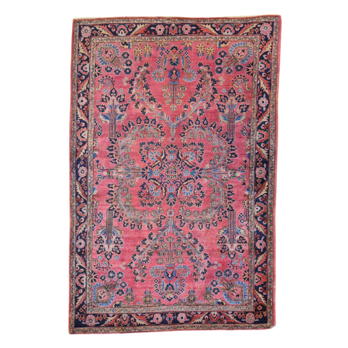 5'0" x 7'0" RASPBERRY AND NAVY SAROUK FLORAL PERSIAN RUG