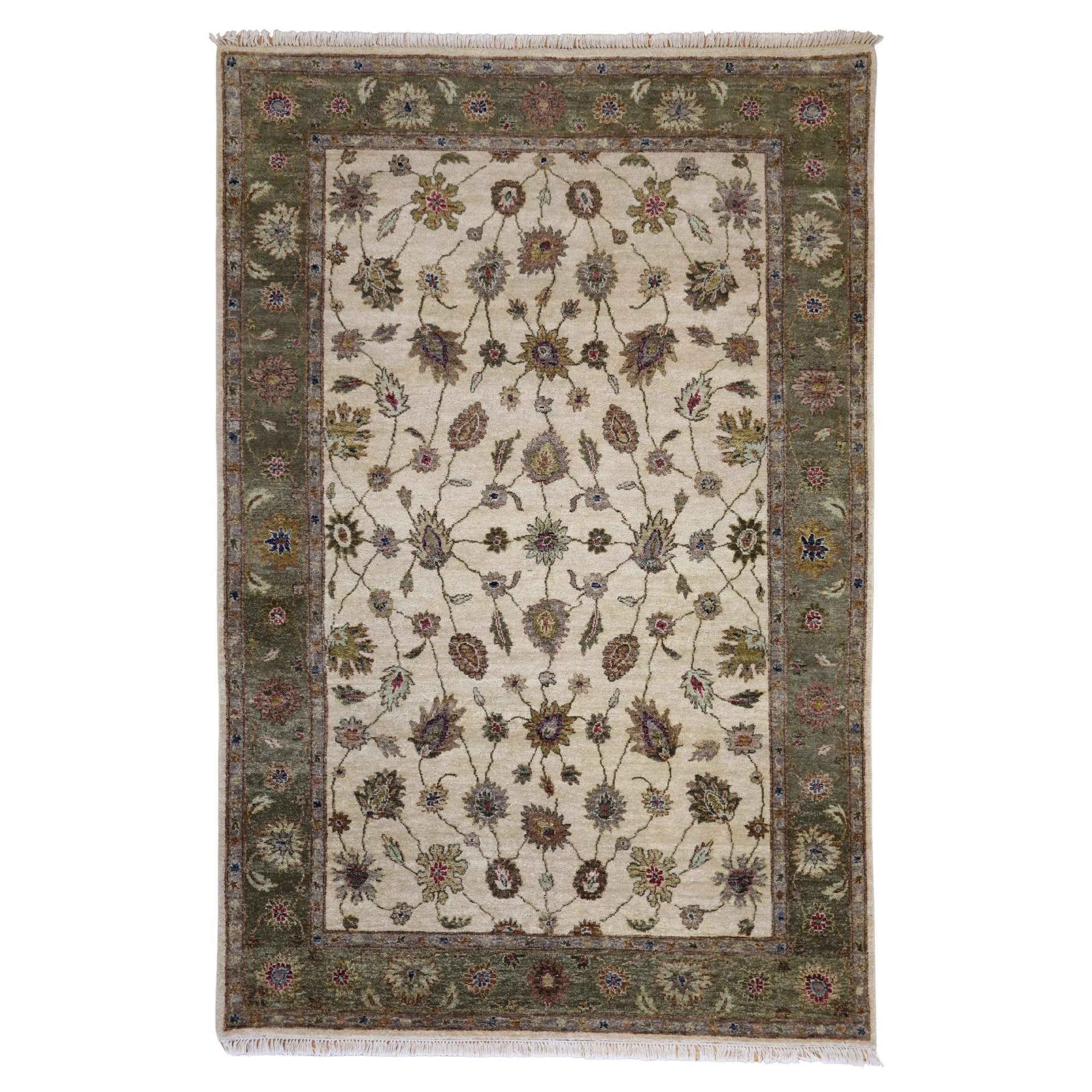 6' 0" x 9' 0" GREEN AND IVORY KASHAN FLORAL INDIAN RUG