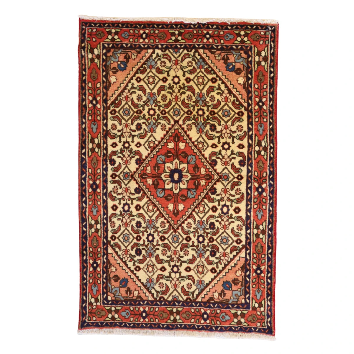 3'4" x 5'1" BEIGE AND RED HAMEDAN GEOMETRIC PERSIAN RUG