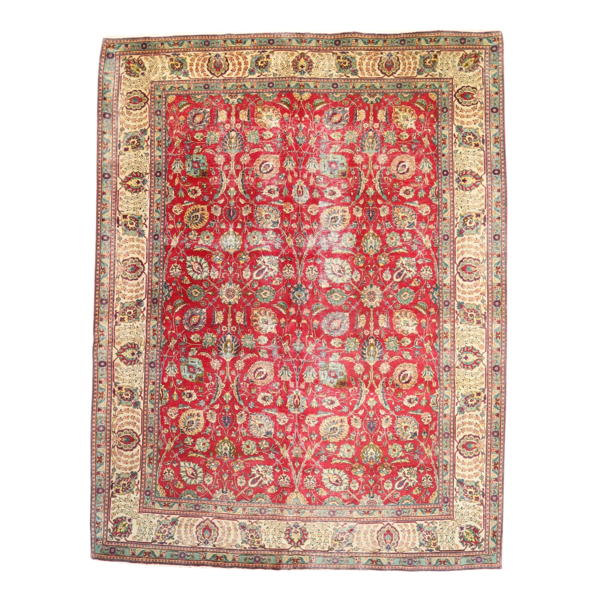 9'6" x 13'0" RED AND IVORY TABRIZ GEOMETRIC PERSIAN RUG