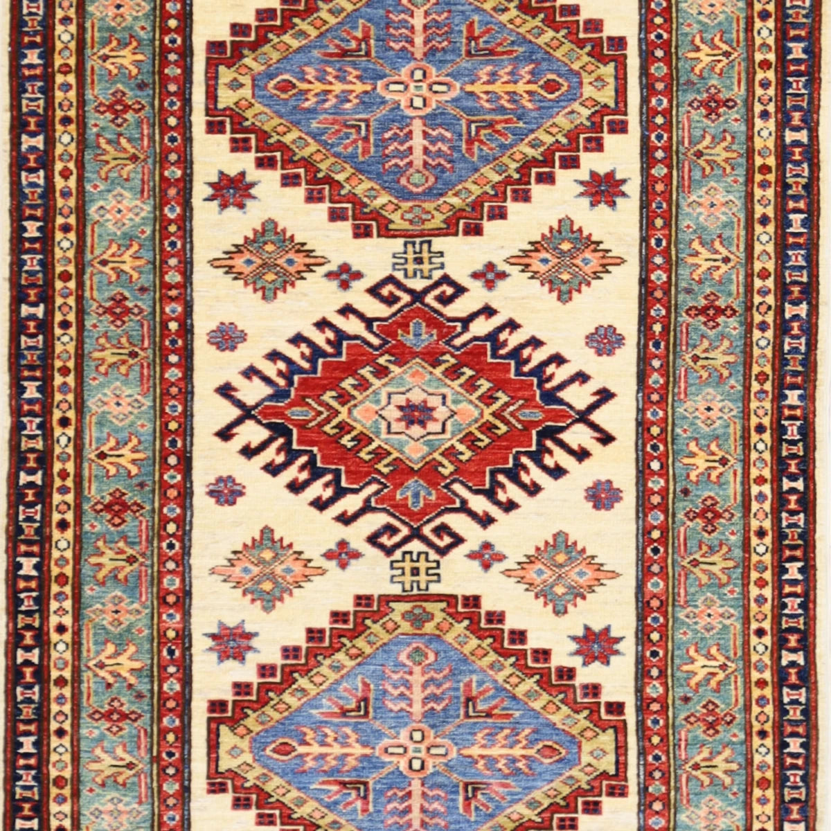 2'10" x 4'5" BEIGE AND GREEN KAZAK GEOMETRIC PAKISTANI RUG