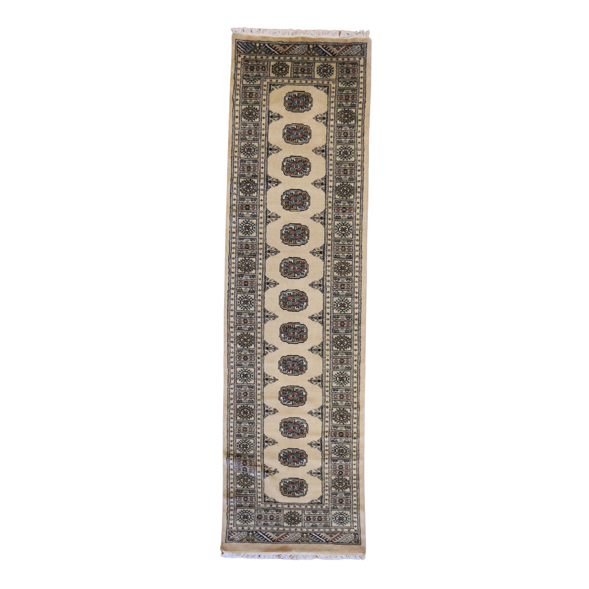 2'7" x 9'4" GOLD AND IVORY BOKARA GEOMETRIC PAKISTANI RUG