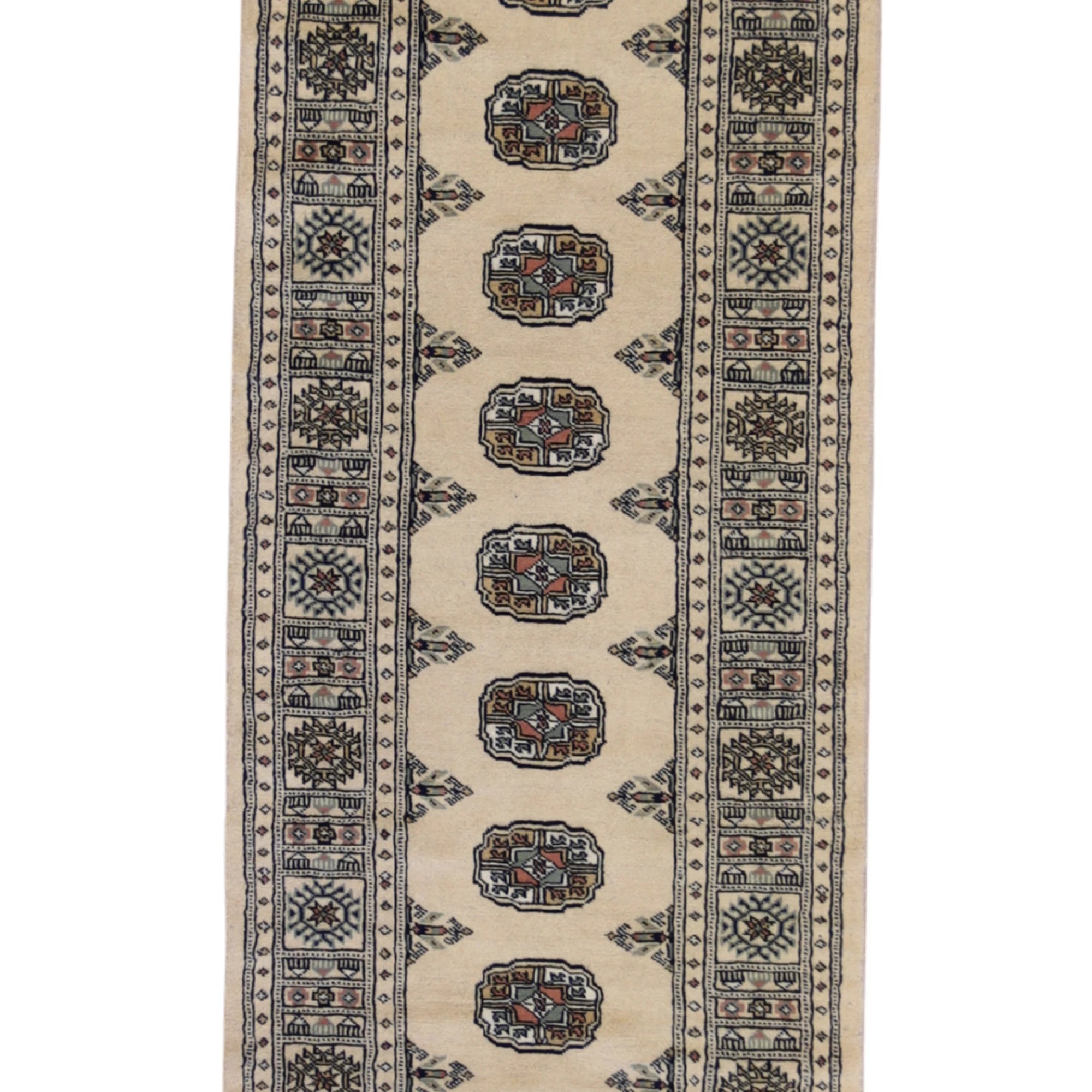 2'7" x 9'4" GOLD AND IVORY BOKARA GEOMETRIC PAKISTANI RUG