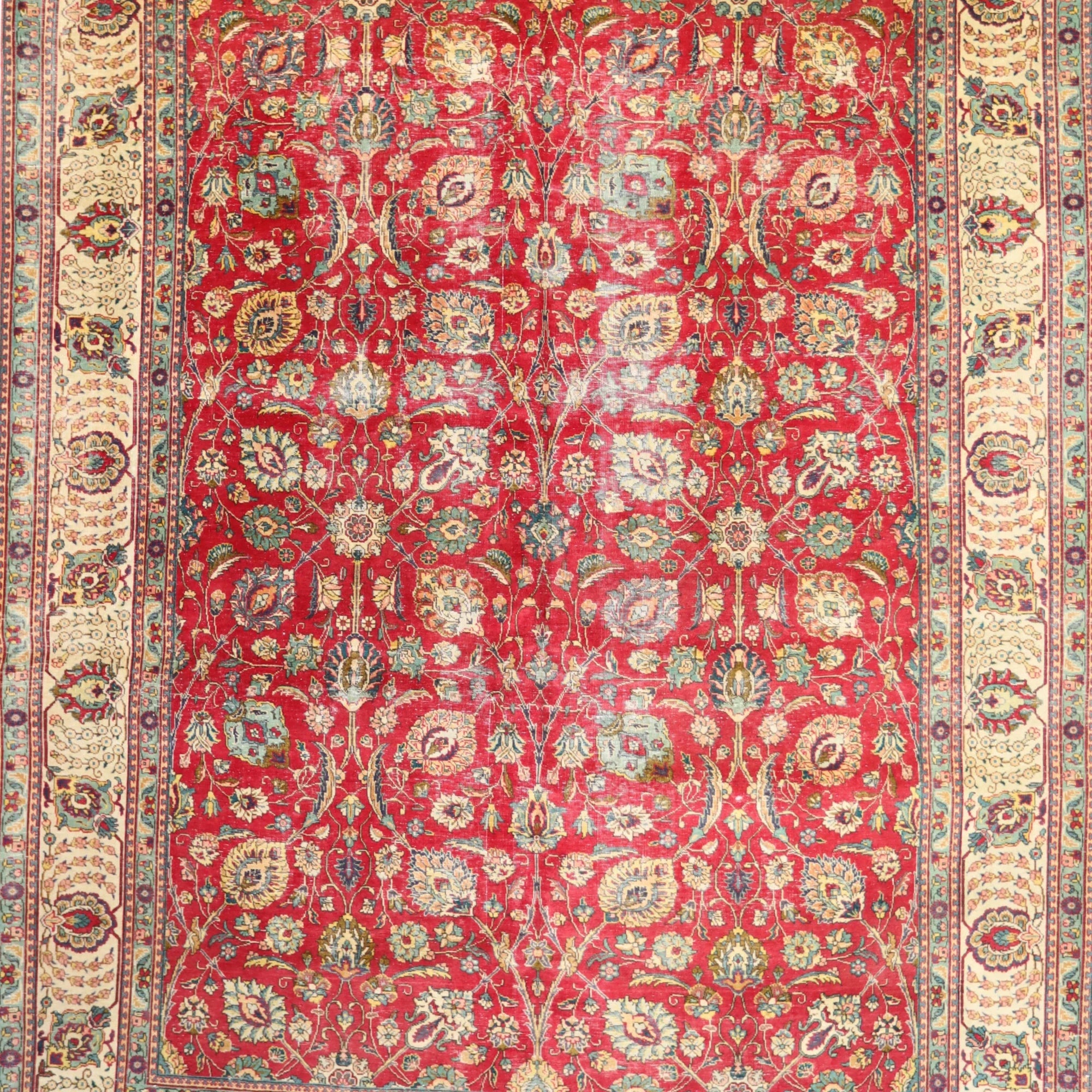 9'6" x 13'0" RED AND IVORY TABRIZ GEOMETRIC PERSIAN RUG