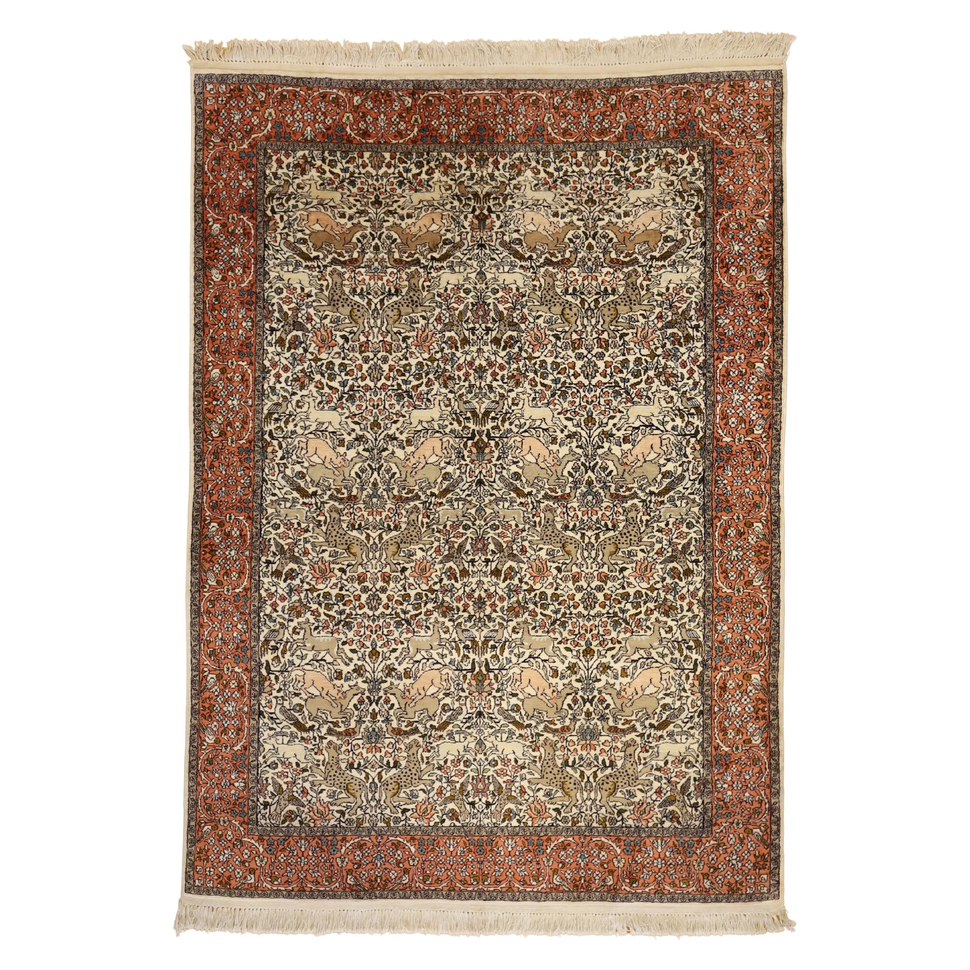 5' 0" x 7' 0" WHITE AND PEACH KASHMAR HUNT SCENE INDIAN RUG