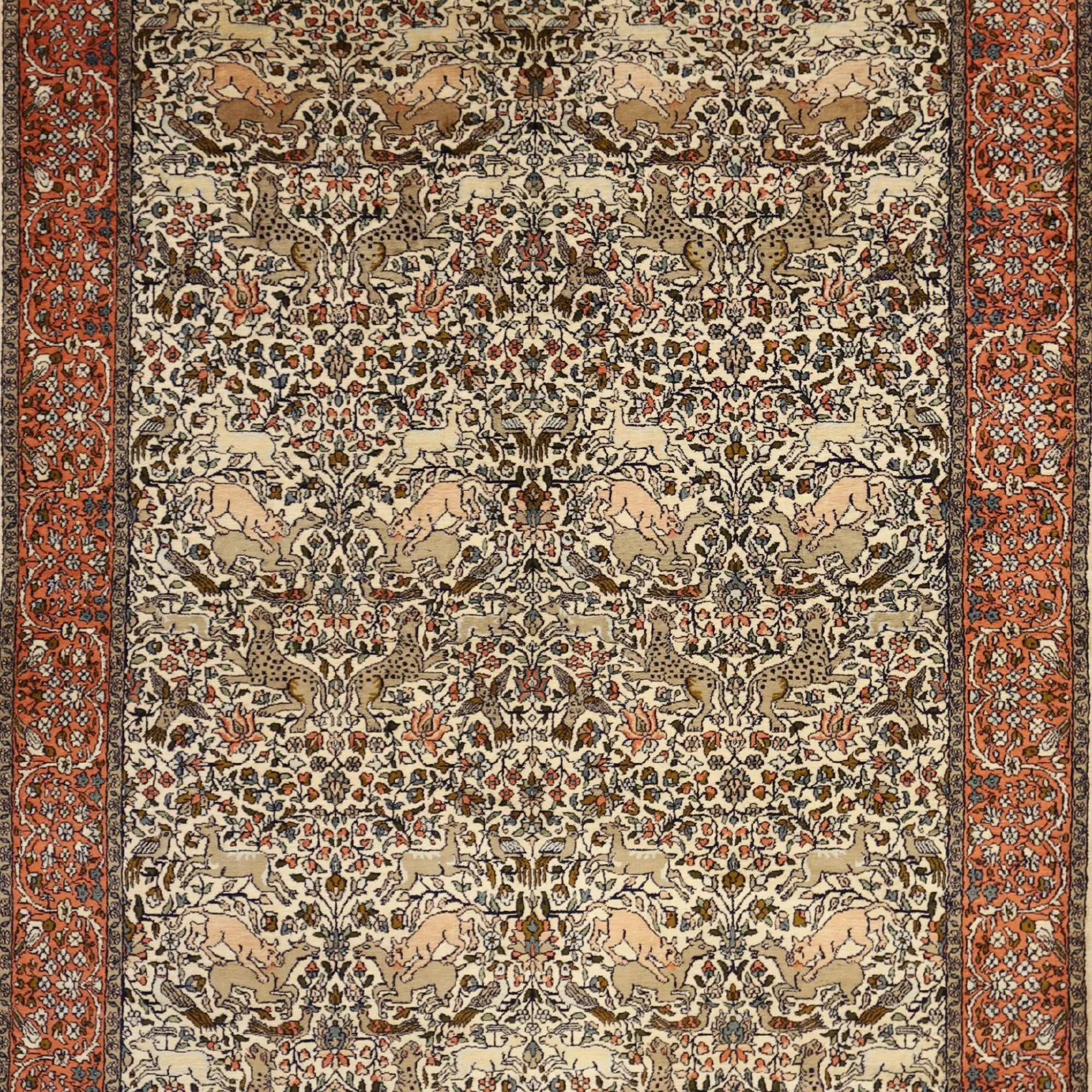 5' 0" x 7' 0" WHITE AND PEACH KASHMAR HUNT SCENE INDIAN RUG