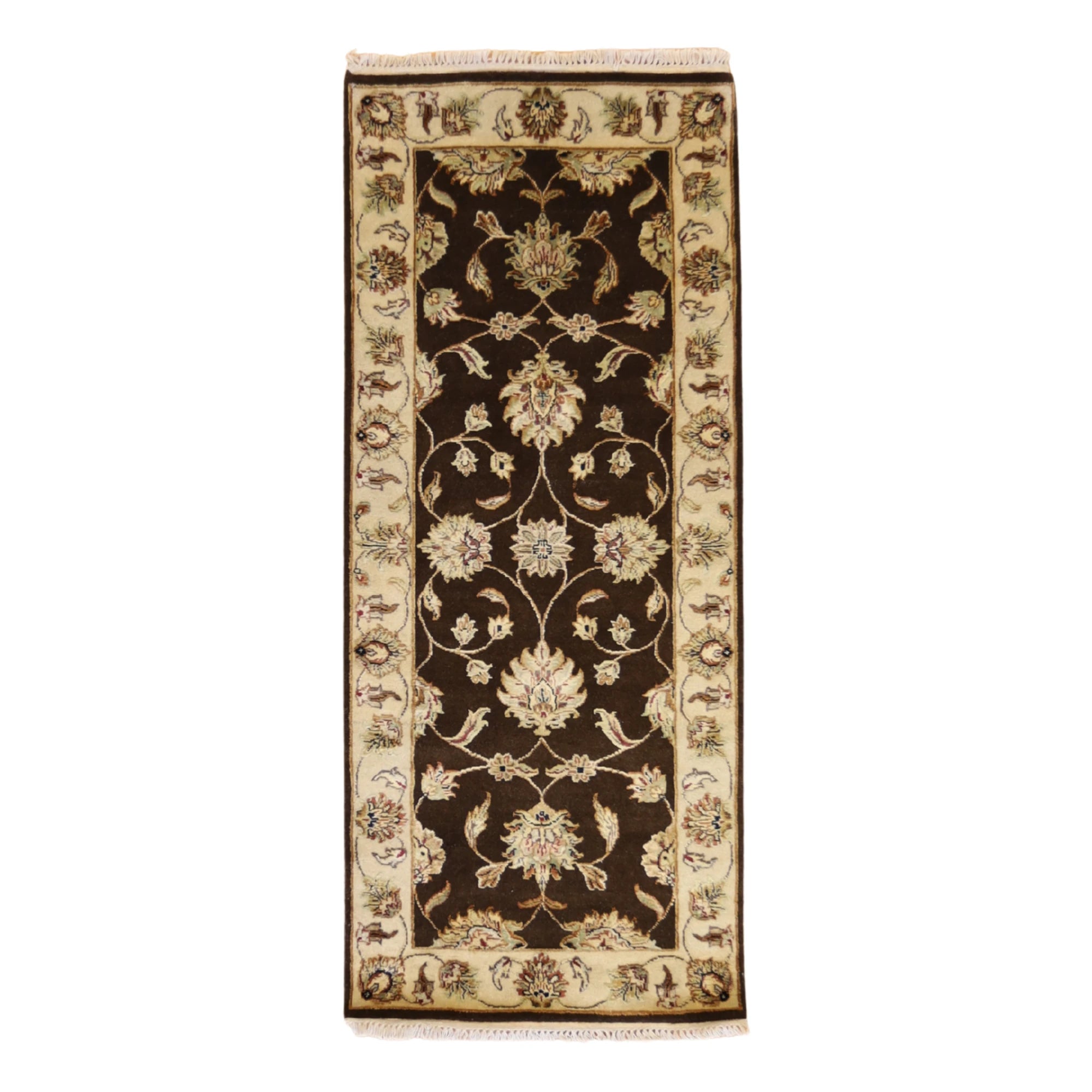 2'7" x 6'1" BROWN AND BEIGE JAIPUR FLORAL INDIAN RUG