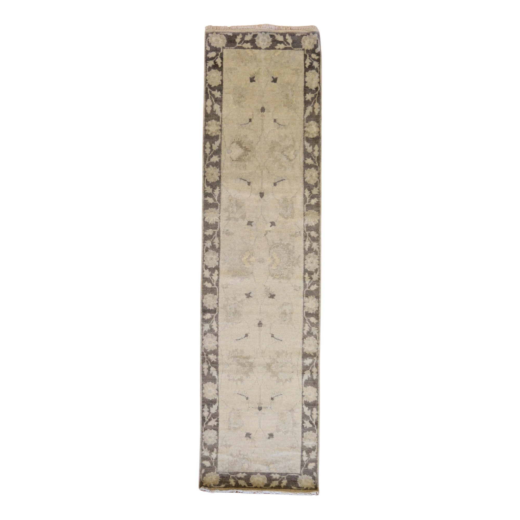 2'6" x 9'10" BEIGE AND TAUPE OUSHAK GEOMETRIC INDIAN RUG