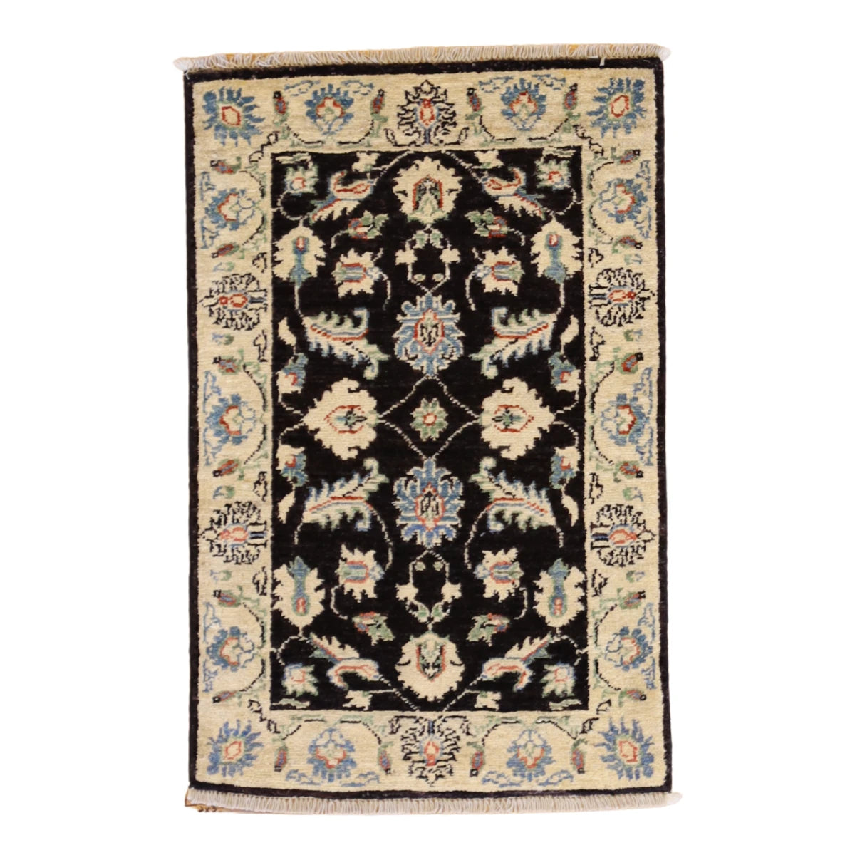 2'0" x 3'0" BLACK AND BEIGE PESHAWAR GEOMETRIC INDIAN RUG