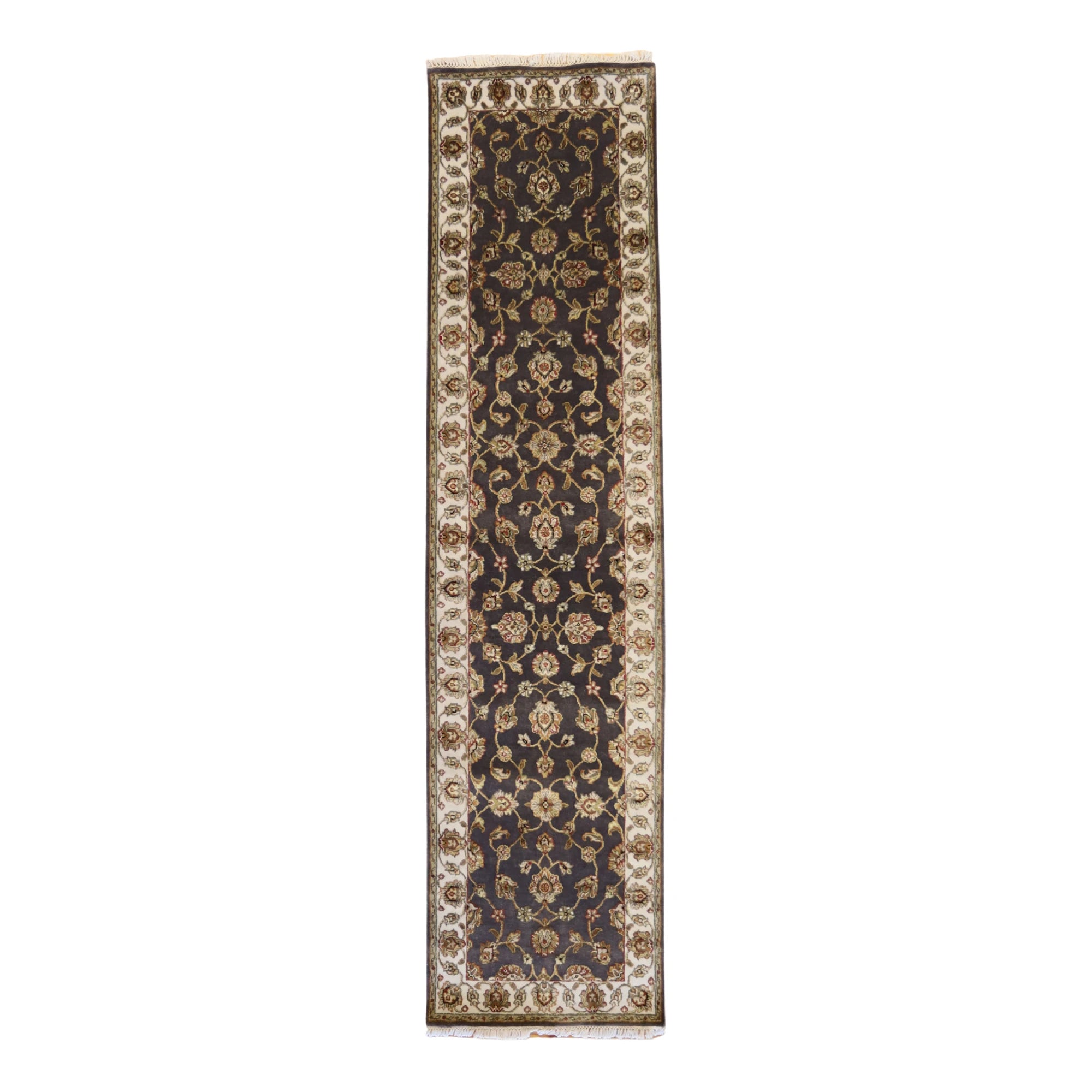 2'6" x 10'2" GRAY AND IVORY JAIPUR FLORAL INDIAN RUG