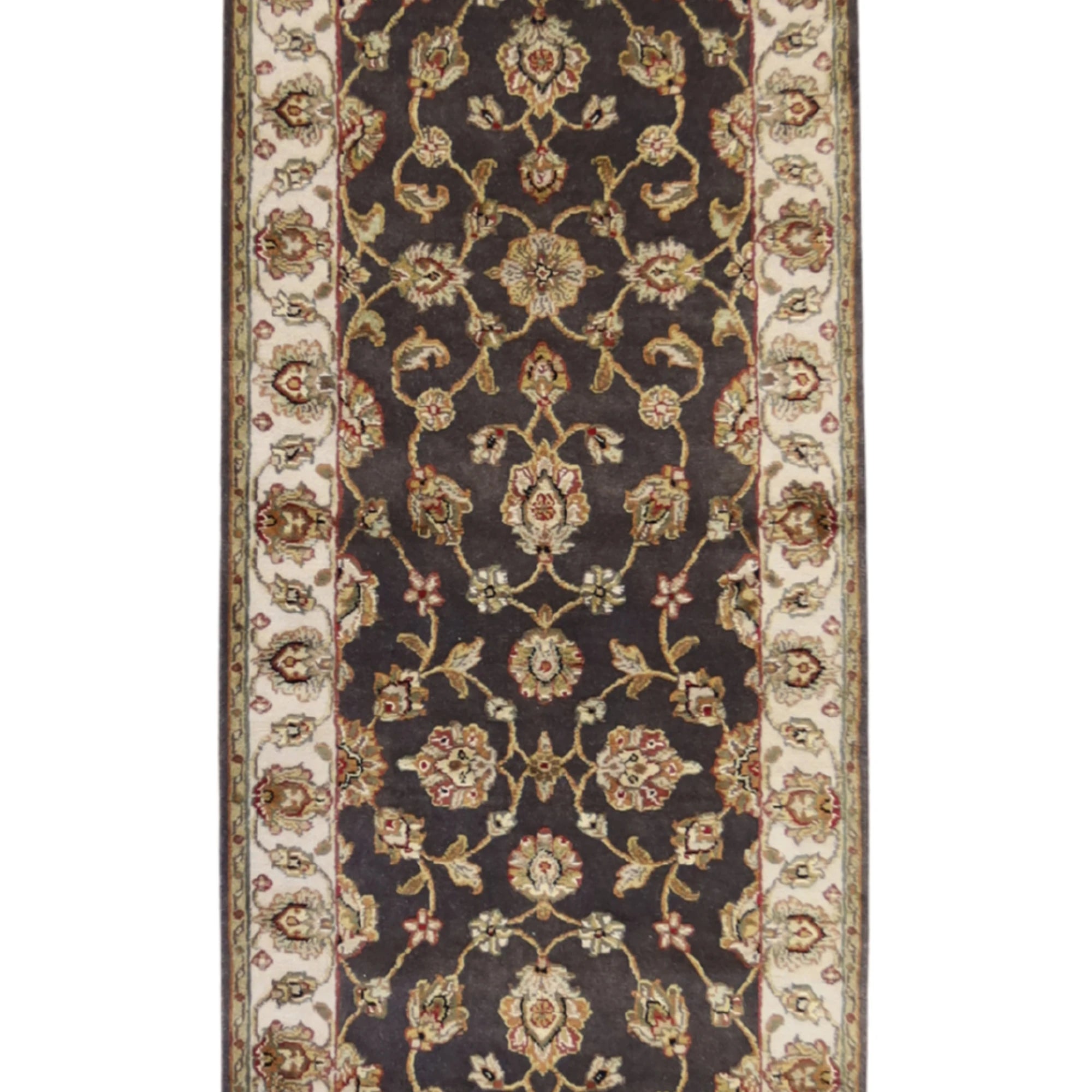 2'6" x 10'2" GRAY AND IVORY JAIPUR FLORAL INDIAN RUG