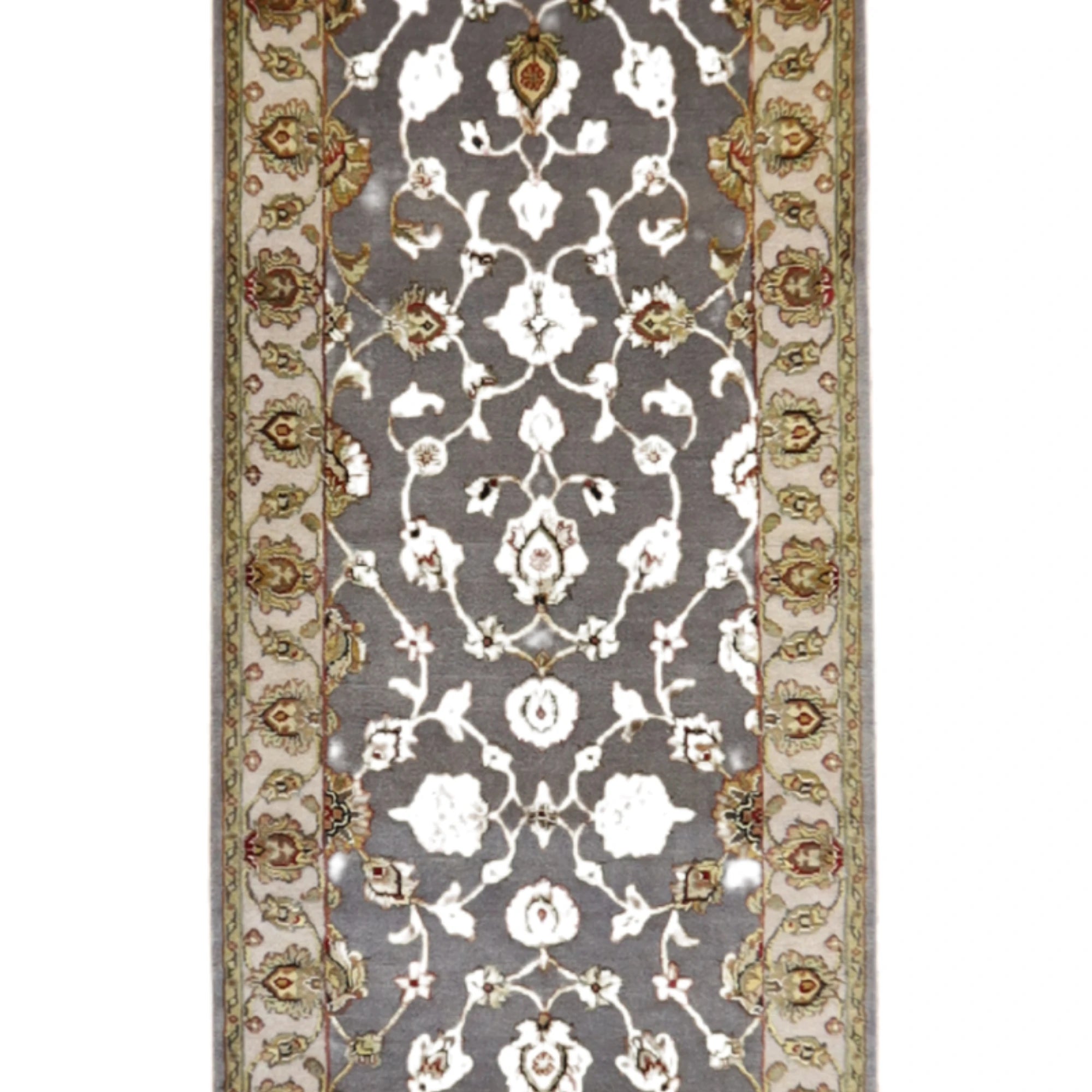 2'6" x 10'3" GRAY AND IVORY JAIPUR FLORAL INDIAN RUG
