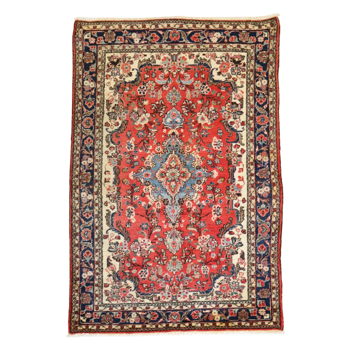 4'6" x 6'9" RED AND NAVY HAMEDAN FLORAL PERSIAN RUG