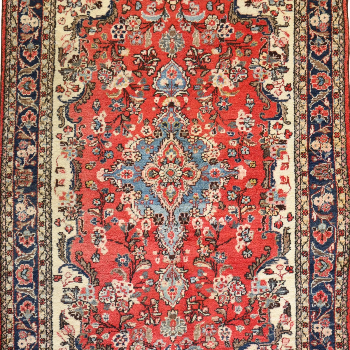 4'6" x 6'9" RED AND NAVY HAMEDAN FLORAL PERSIAN RUG