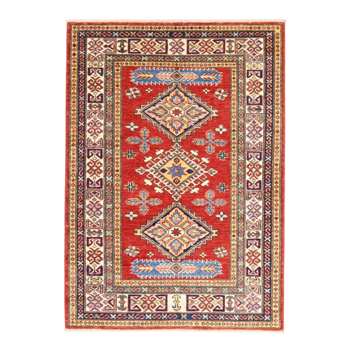 3'3" x 4'7" RED AND IVORY KAZAK GEOMETRIC PAKISTANI RUG