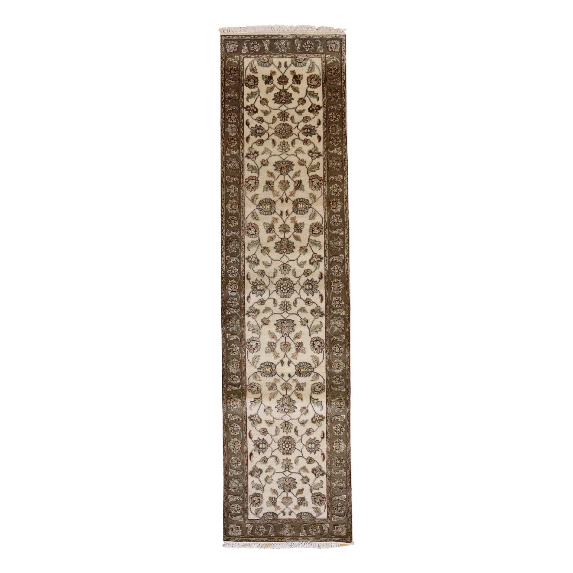 2'6" x 10'7" BEIGE AND CAMEL JAIPUR FLORAL INDIAN RUG