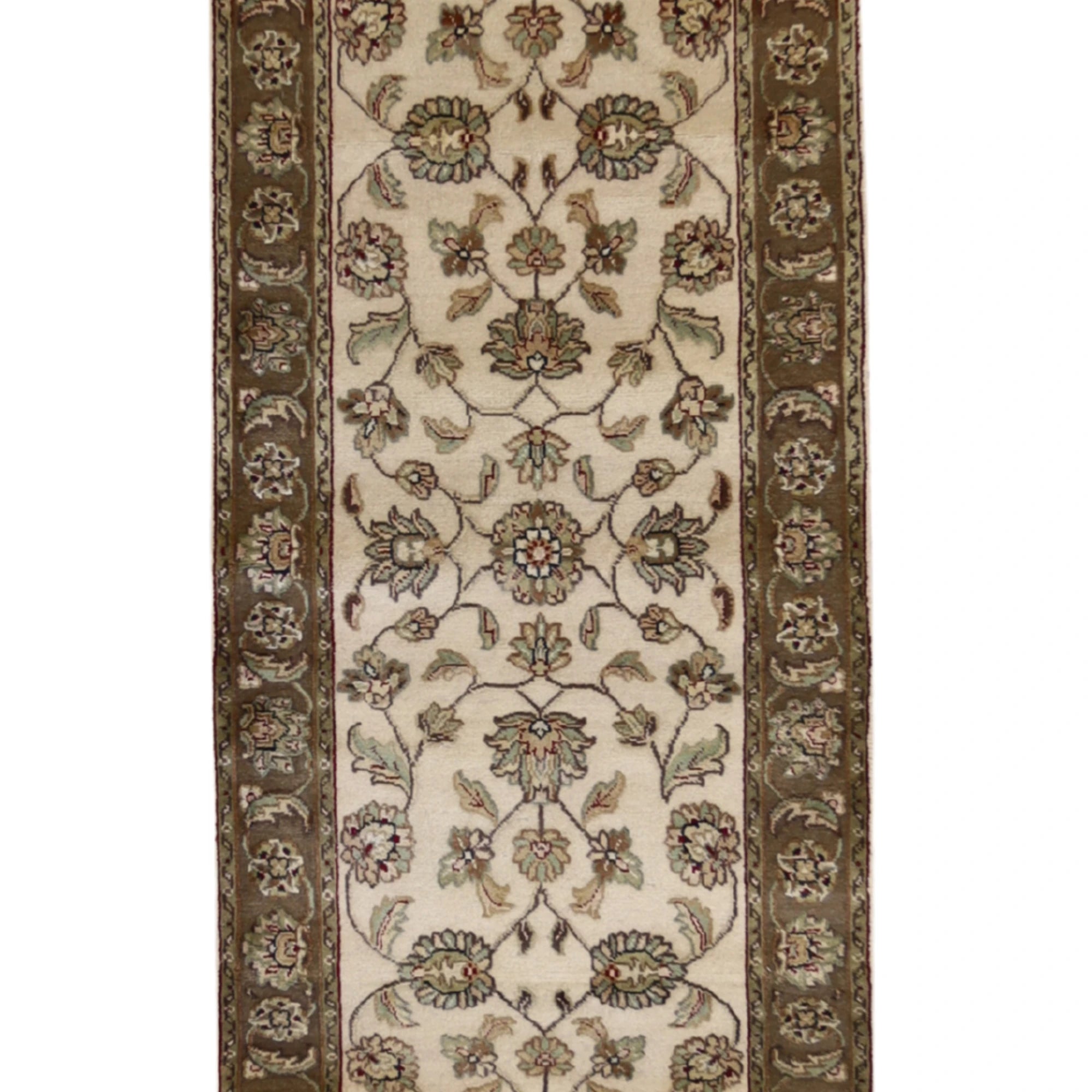 2'6" x 10'7" BEIGE AND CAMEL JAIPUR FLORAL INDIAN RUG