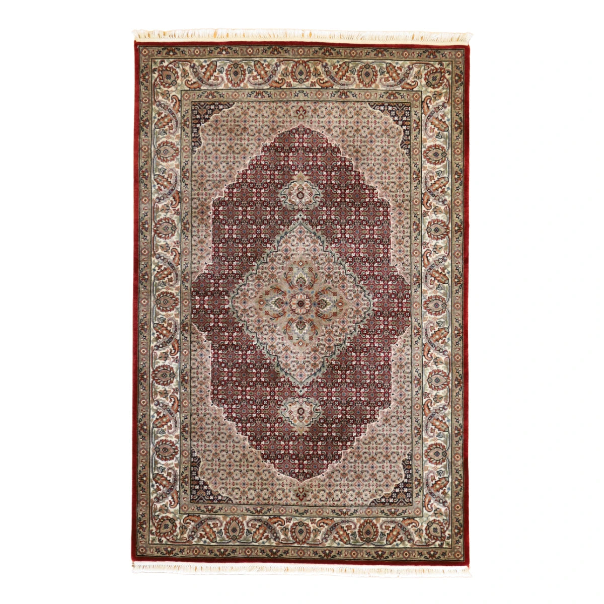 4'0" x 6'4" RED AND IVORY TABRIZ FISH DESIGN INDIAN RUG