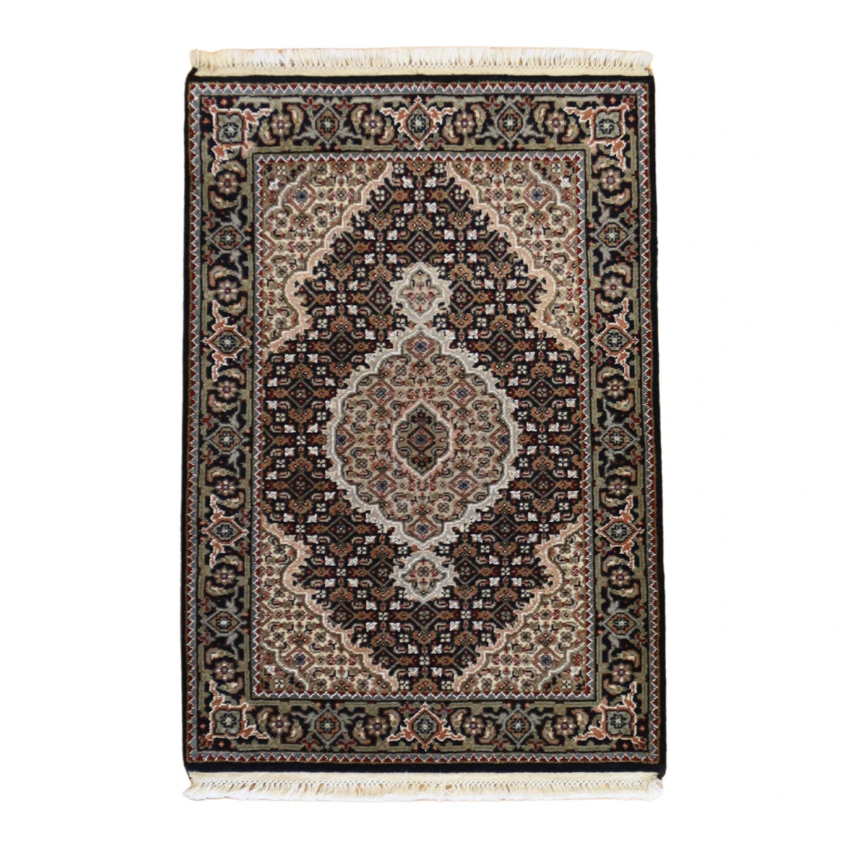 2'0" x 3'0" BLACK AND BLACK TABRIZ FISH DESIGN INDIAN RUG
