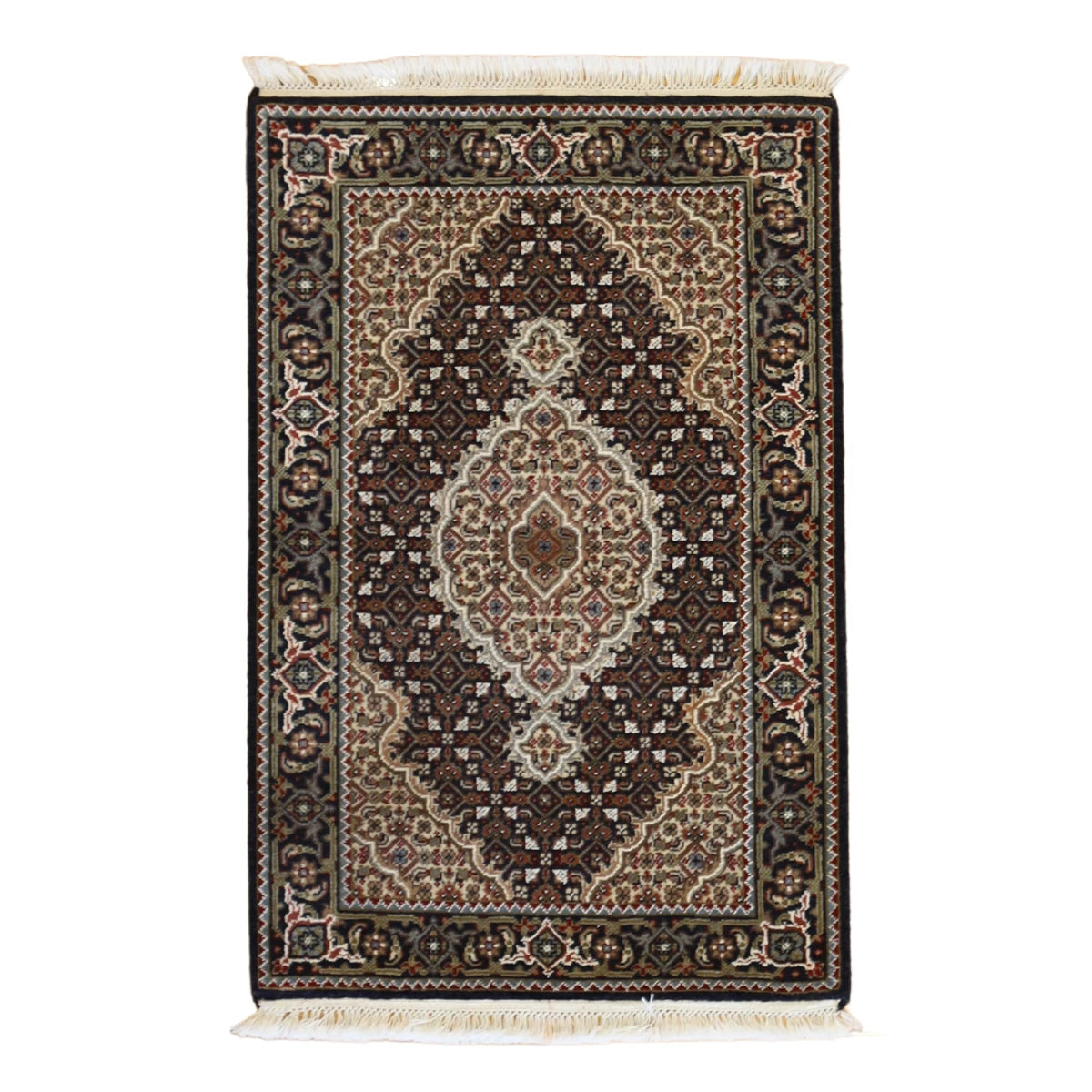 2'0" x 3'0" BLACK AND BLACK TABRIZ FISH DESIGN INDIAN RUG