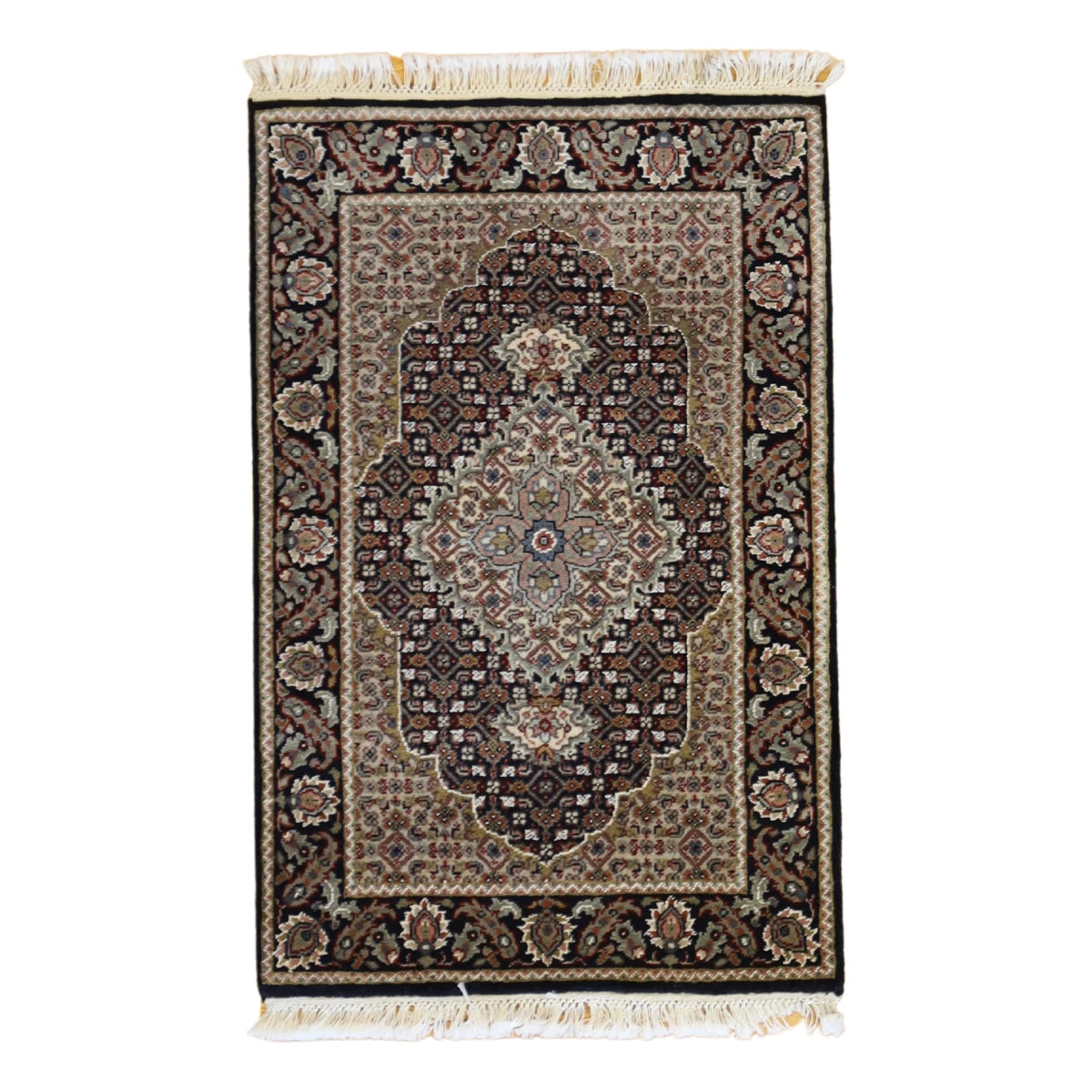2'0" x 3'0" BLACK AND BLACK TABRIZ FISH DESIGN INDIAN RUG