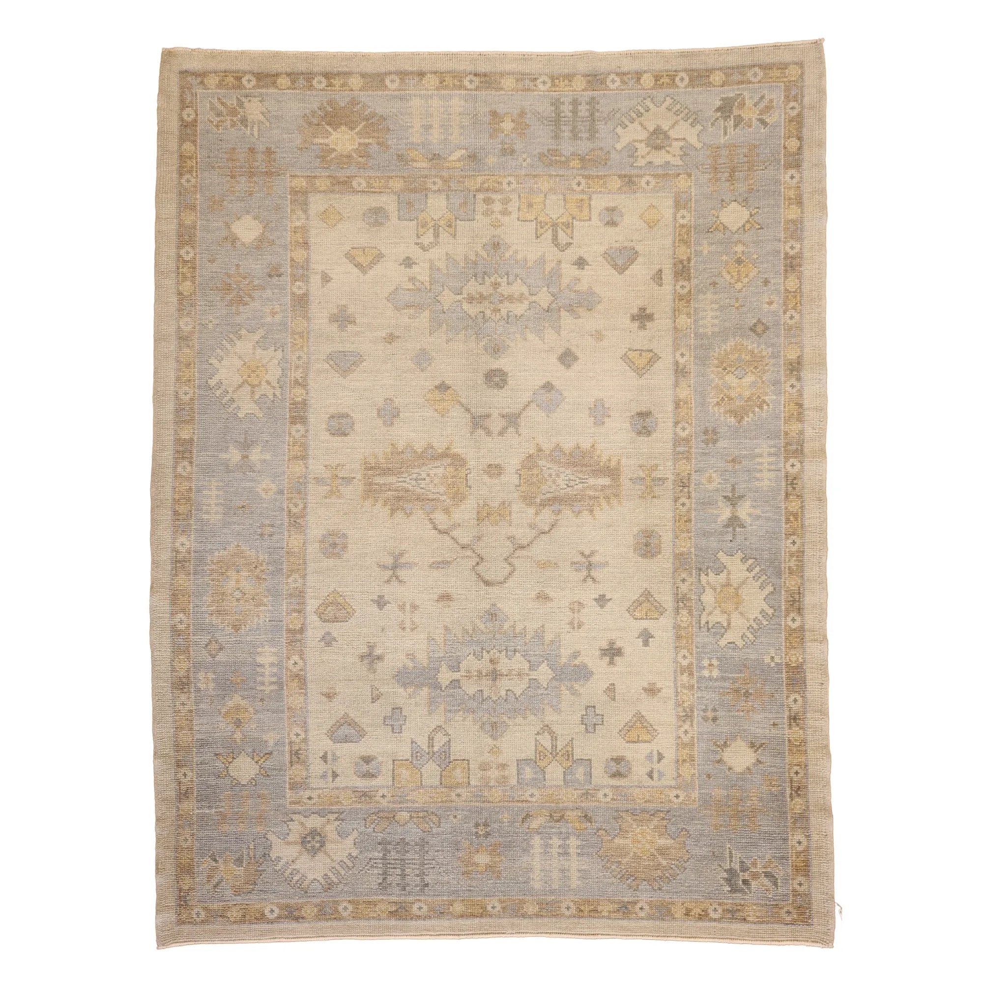 6' 4" x 8' 4" BEIGE AND GRAY OUSHAK GEOMETRIC TURKISH RUG