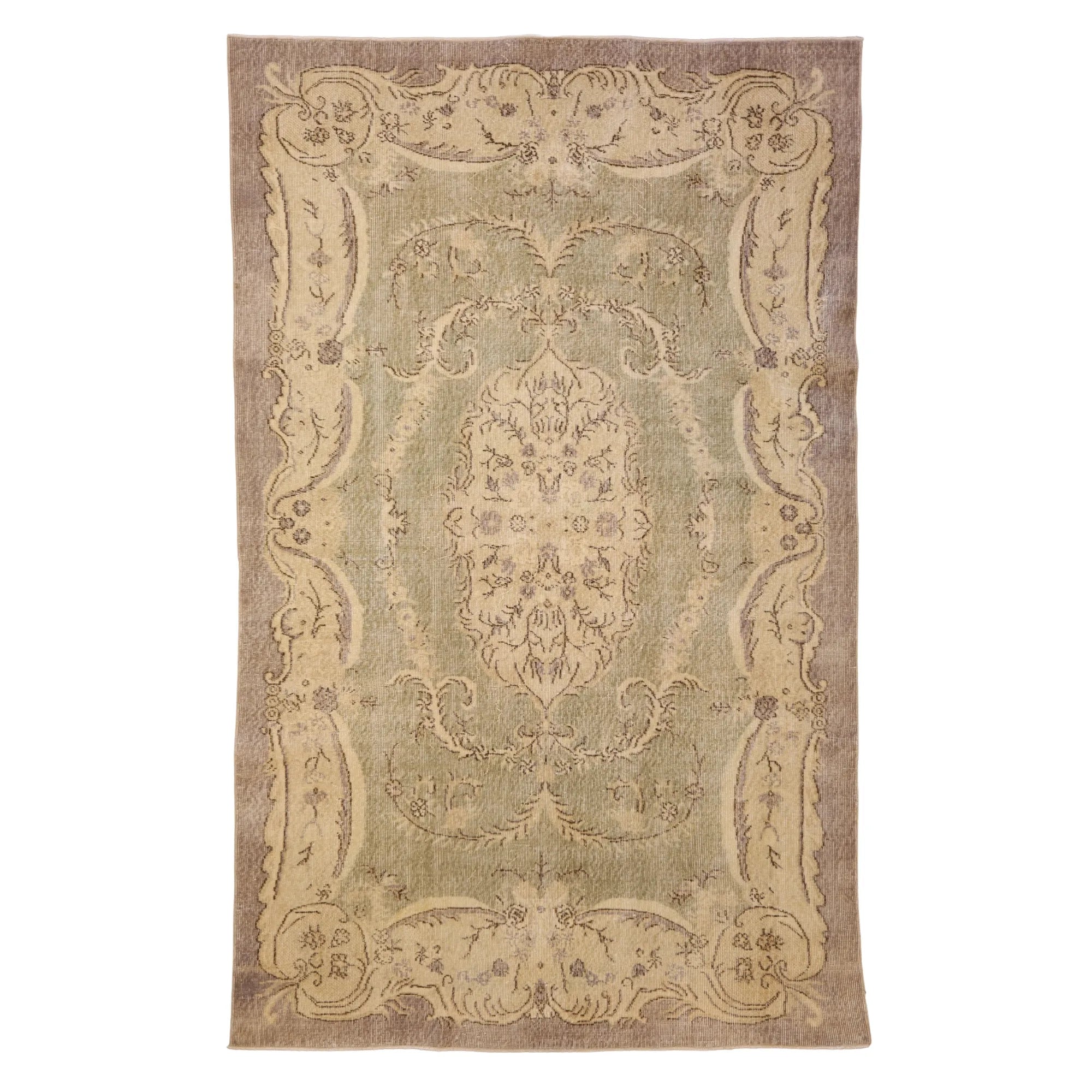 5' 9" x 9' 4" GREEN AND TAN OUSHAK GEOMETRIC TURKISH RUG