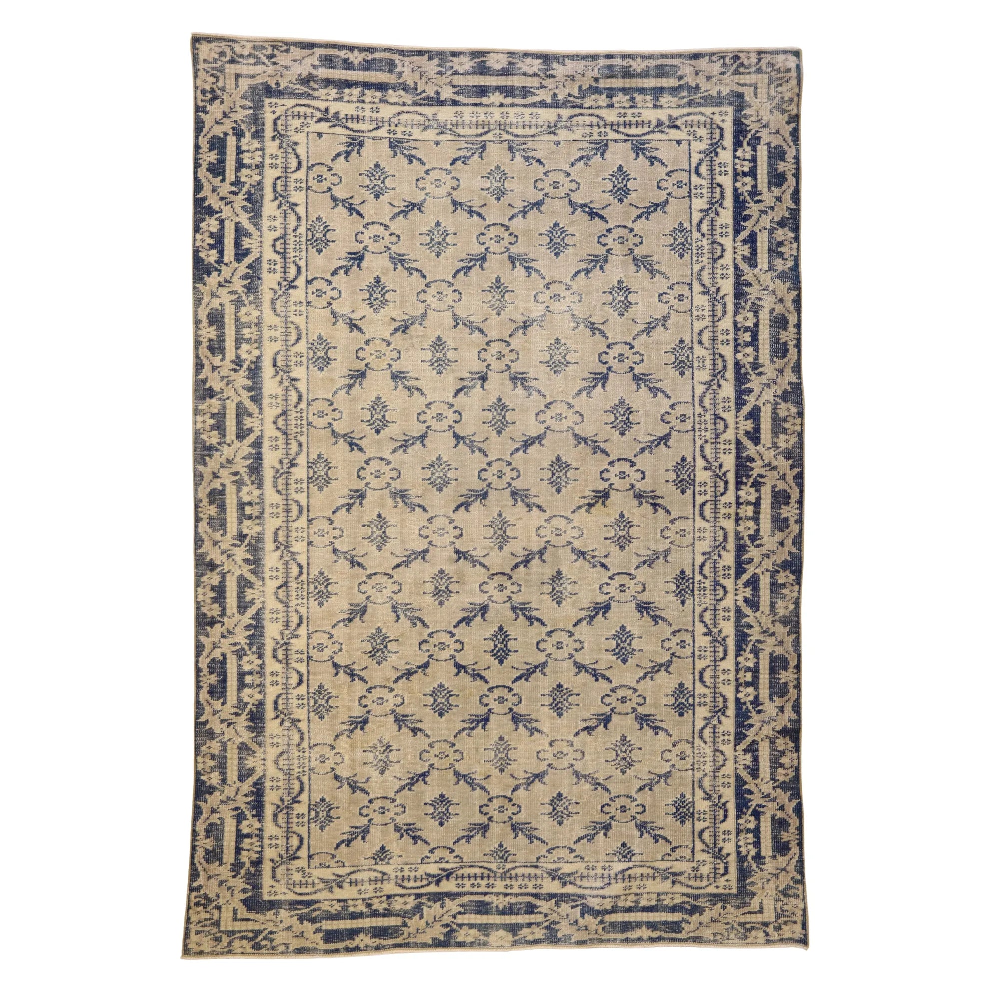 6' 8" x 9' 9" TAUPE AND BLUE OUSHAK GEOMETRIC TURKISH RUG