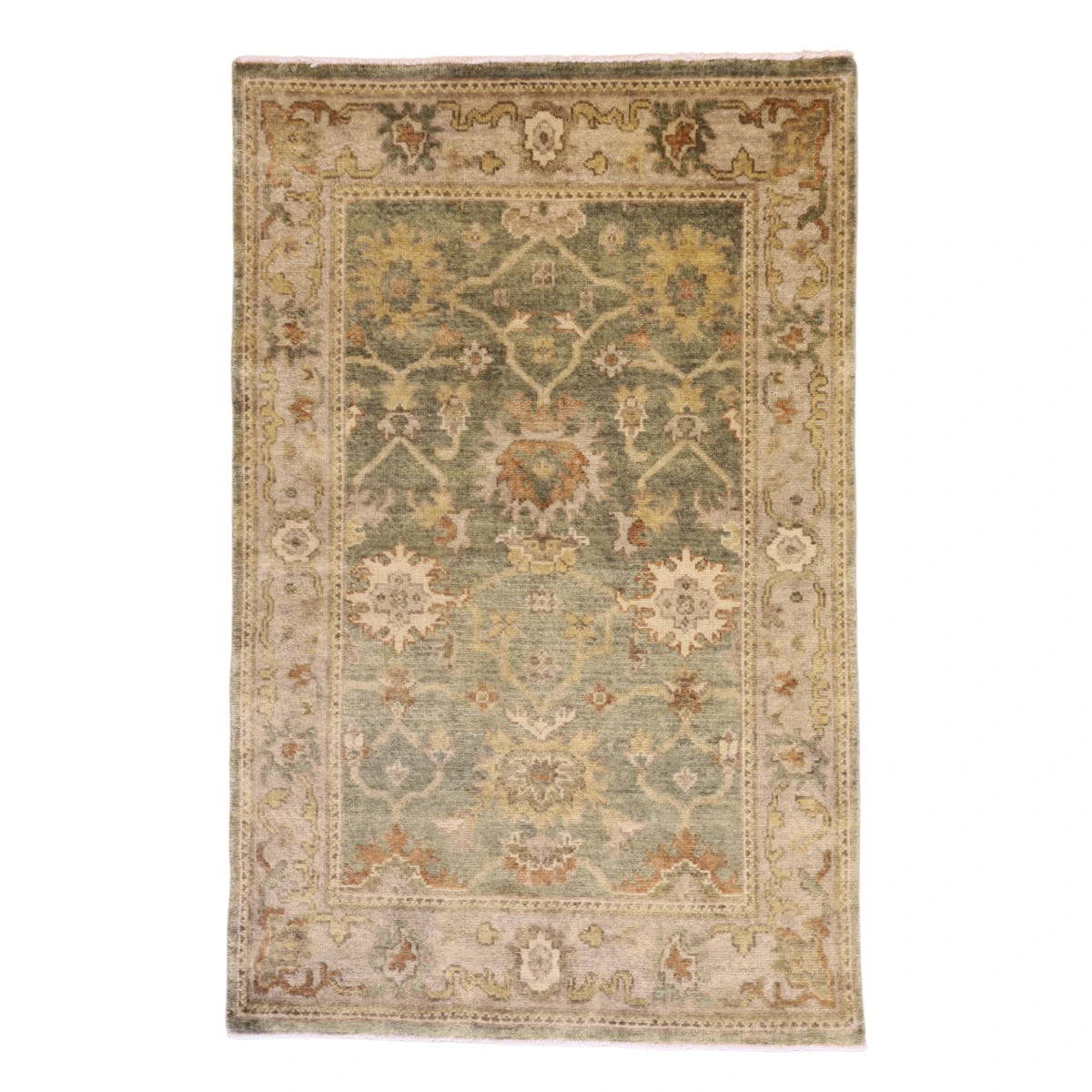 4'0" x 5'9" GREEN AND TAUPE OUSHAK GEOMETRIC INDIAN RUG