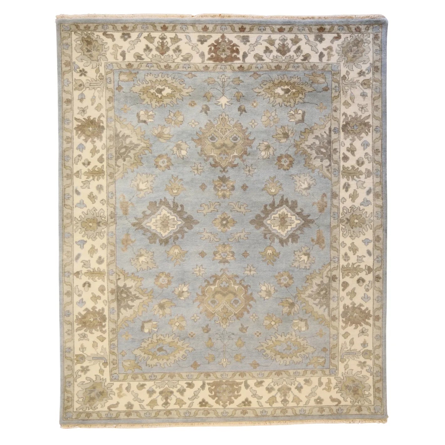 8'2" x 10'0" BLUE AND IVORY OUSHAK INDIAN GEOMETRIC RUG