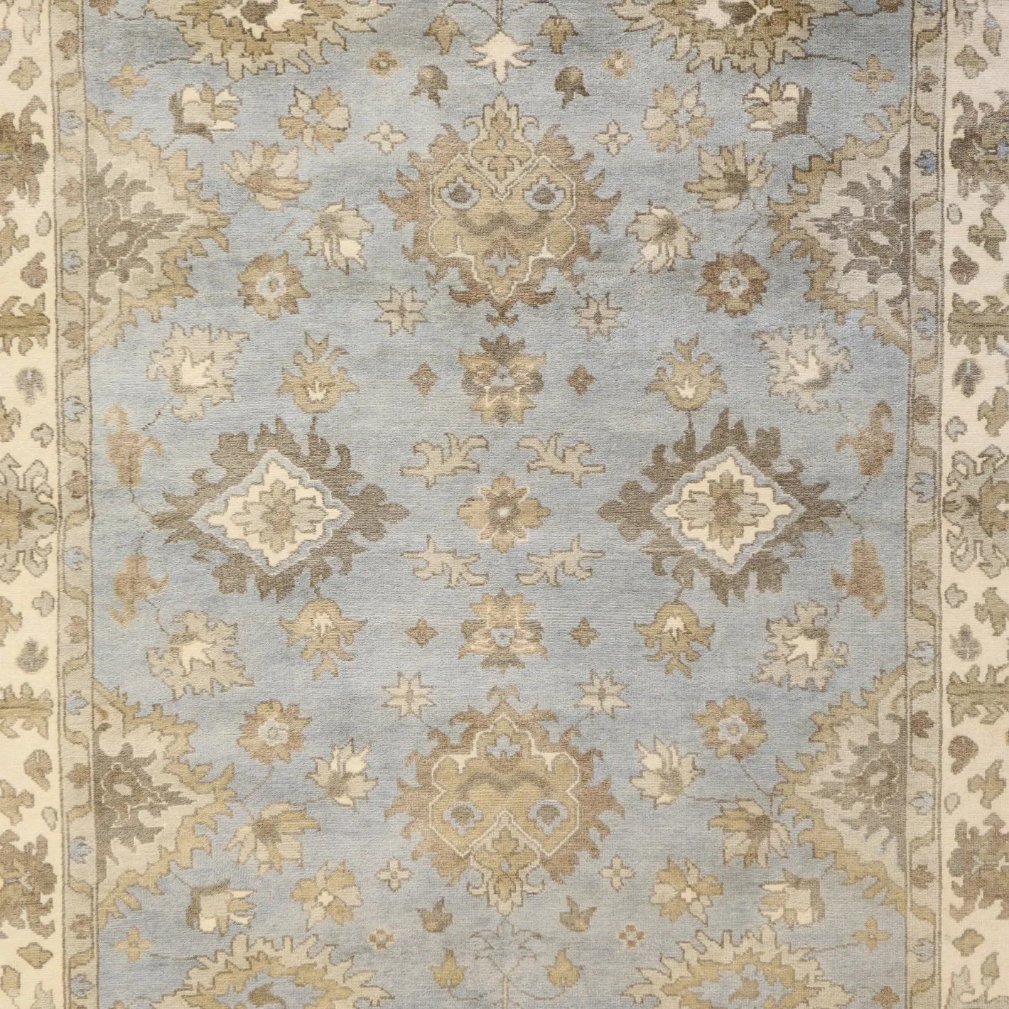 8'2" x 10'0" BLUE AND IVORY OUSHAK INDIAN GEOMETRIC RUG