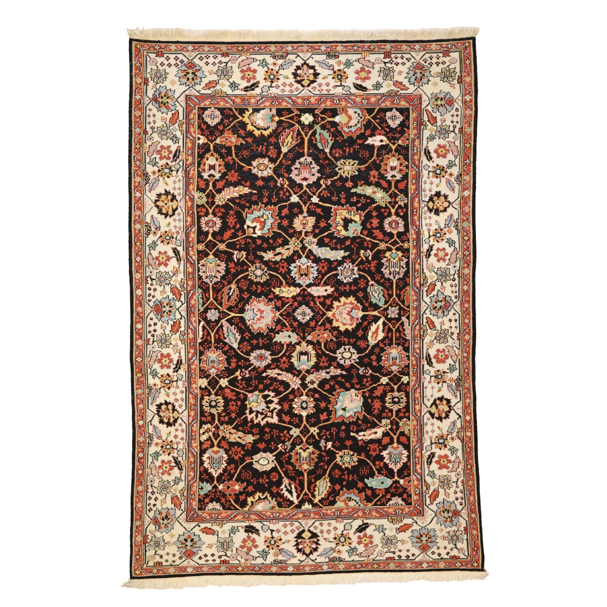 5' 9" x 8' 10" BLACK AND BEIGE SOUMAK FLORAL INDIAN RUG
