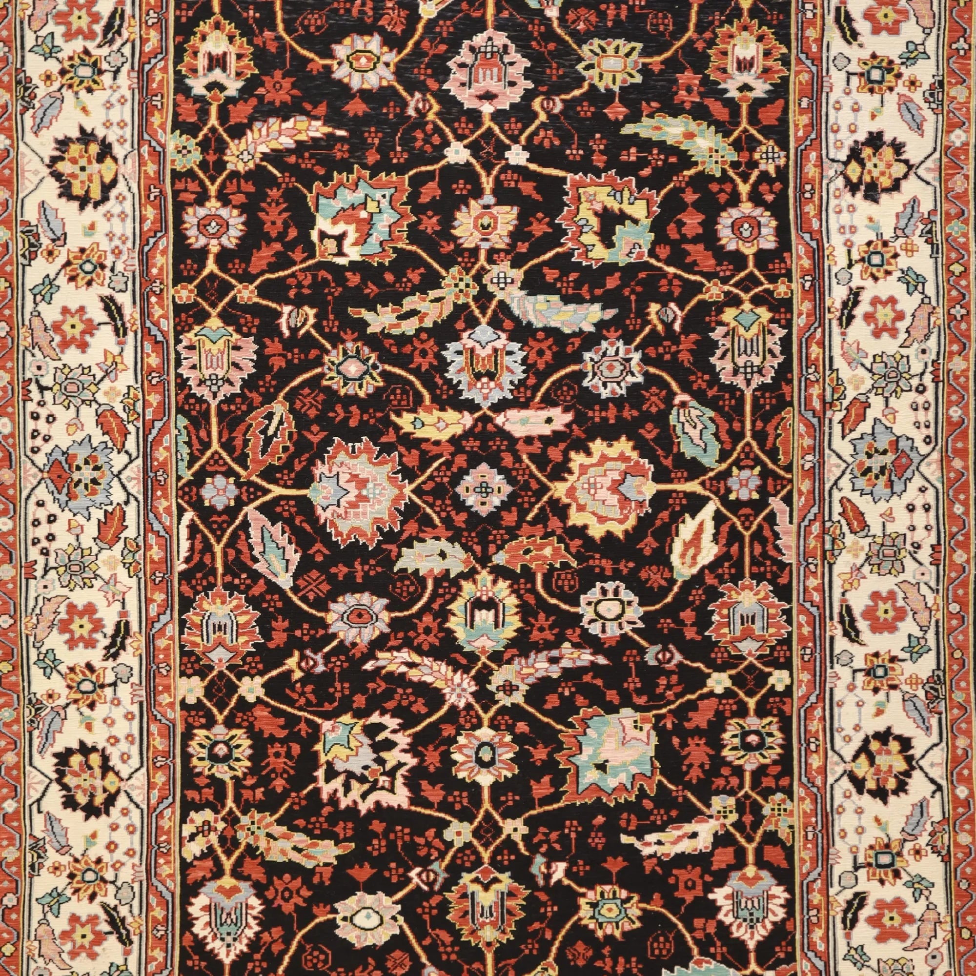 5' 9" x 8' 10" BLACK AND BEIGE SOUMAK FLORAL INDIAN RUG