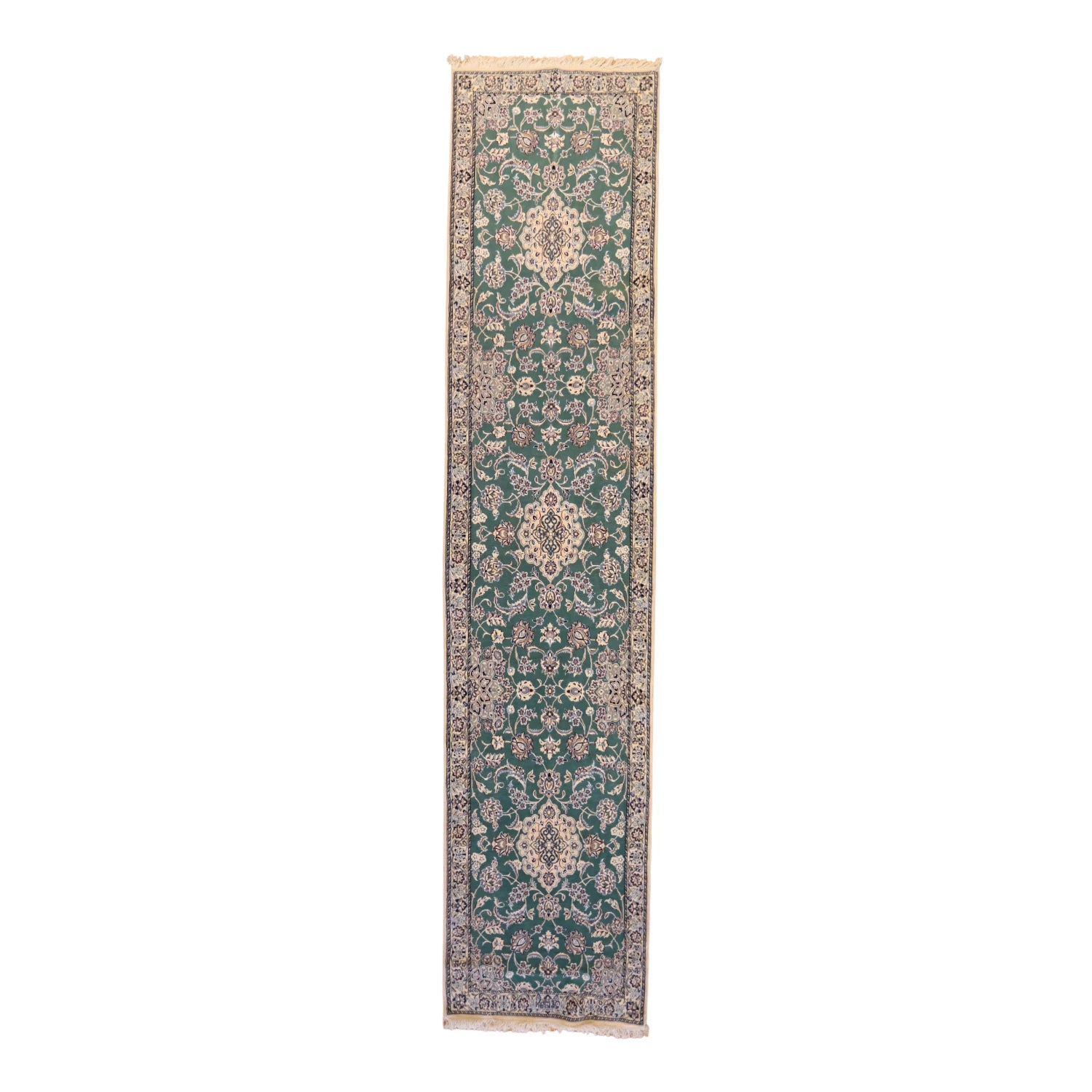 3' 3" x 14' 7" GREEN AND BEIGE NAEIN FLORAL PERSIAN RUG