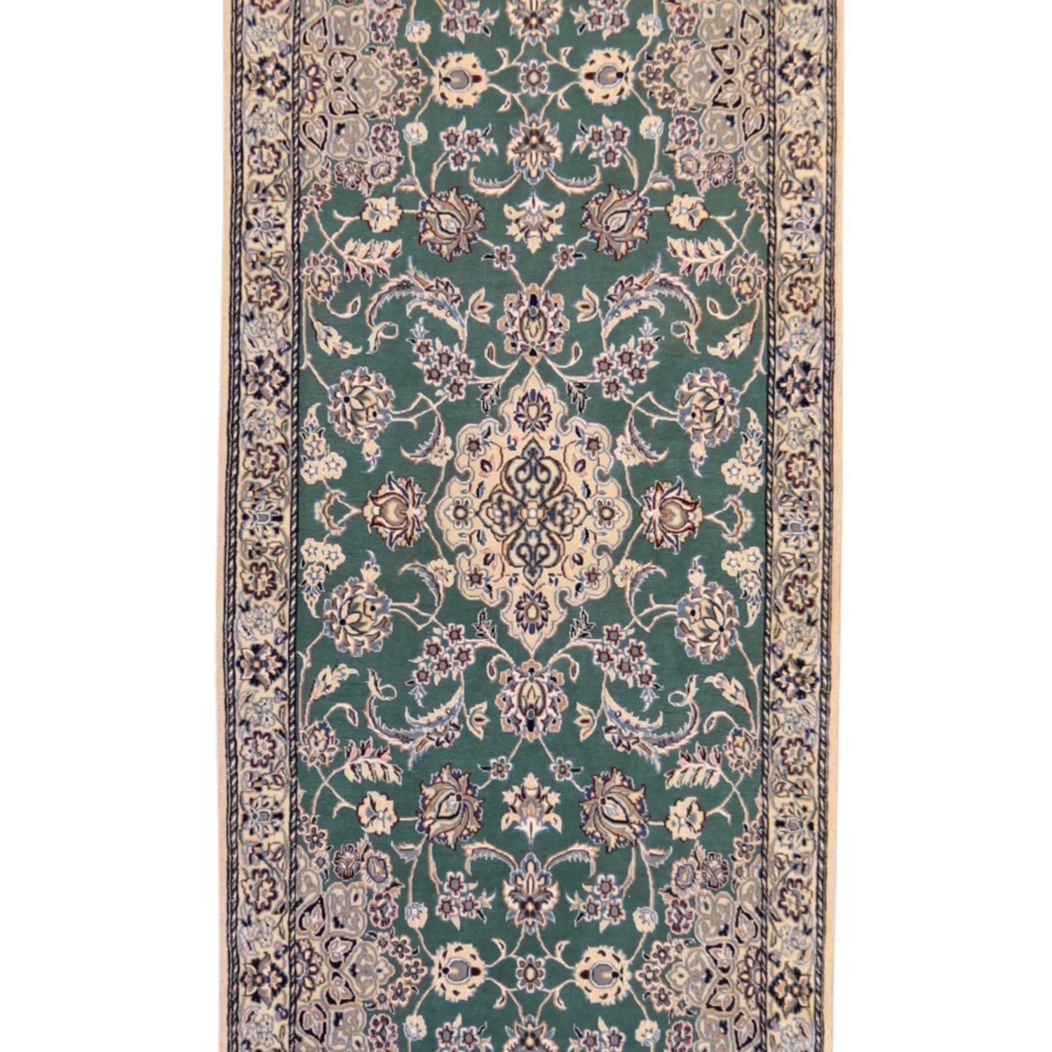 3' 3" x 14' 7" GREEN AND BEIGE NAEIN FLORAL PERSIAN RUG