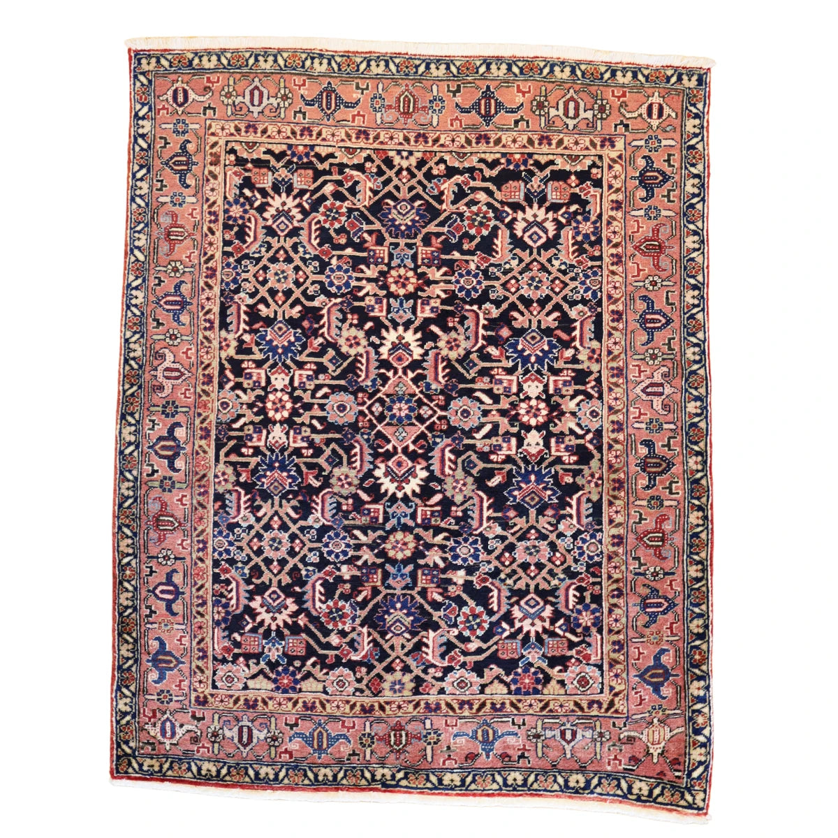 4'9" x 6'0" NAVY AND SALMON HERIZ GEOMETRIC PERSIAN RUG