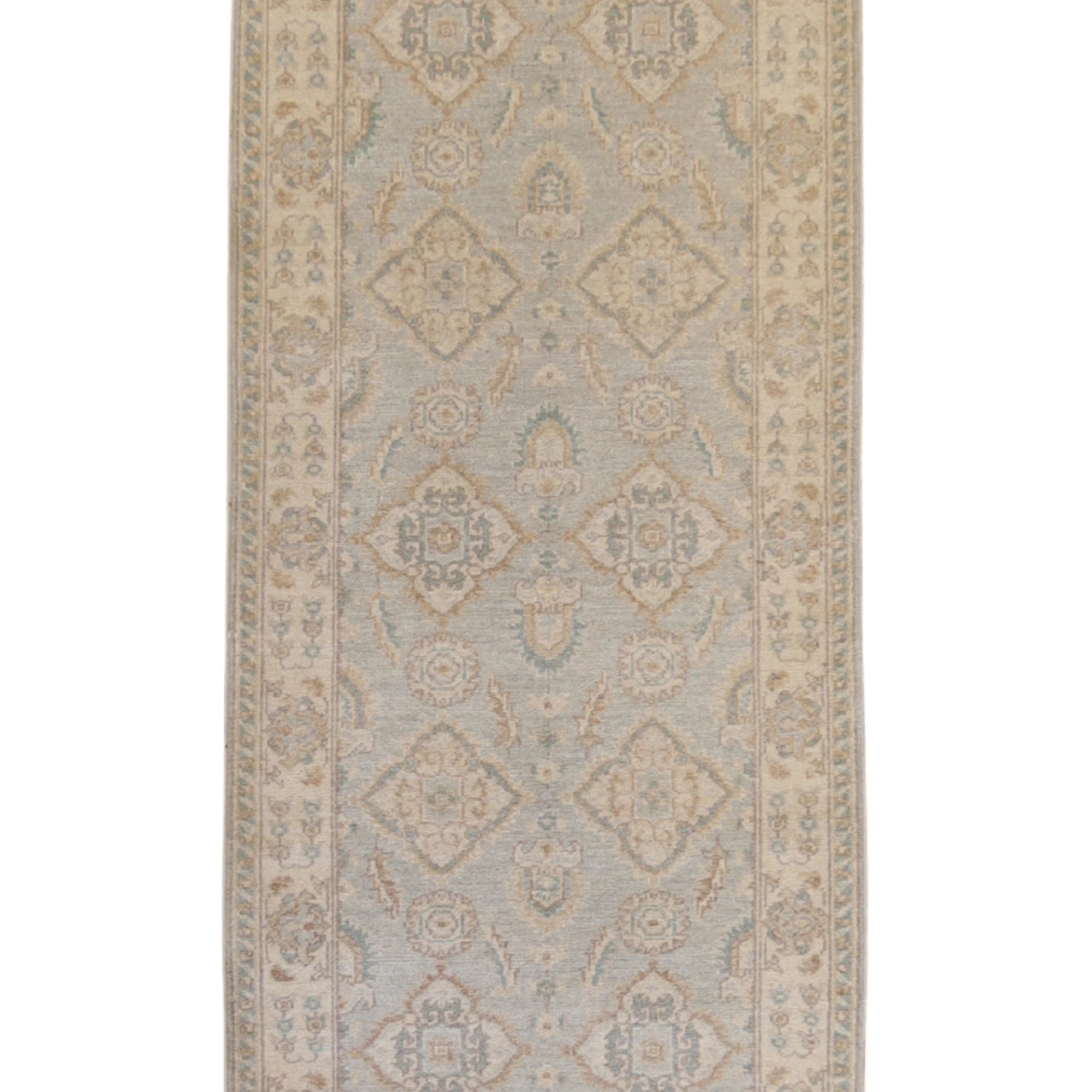 2'8" x 9'8" AQUA AND BEIGE PESHAWAR GEOMETRIC PAKISTANI RUG