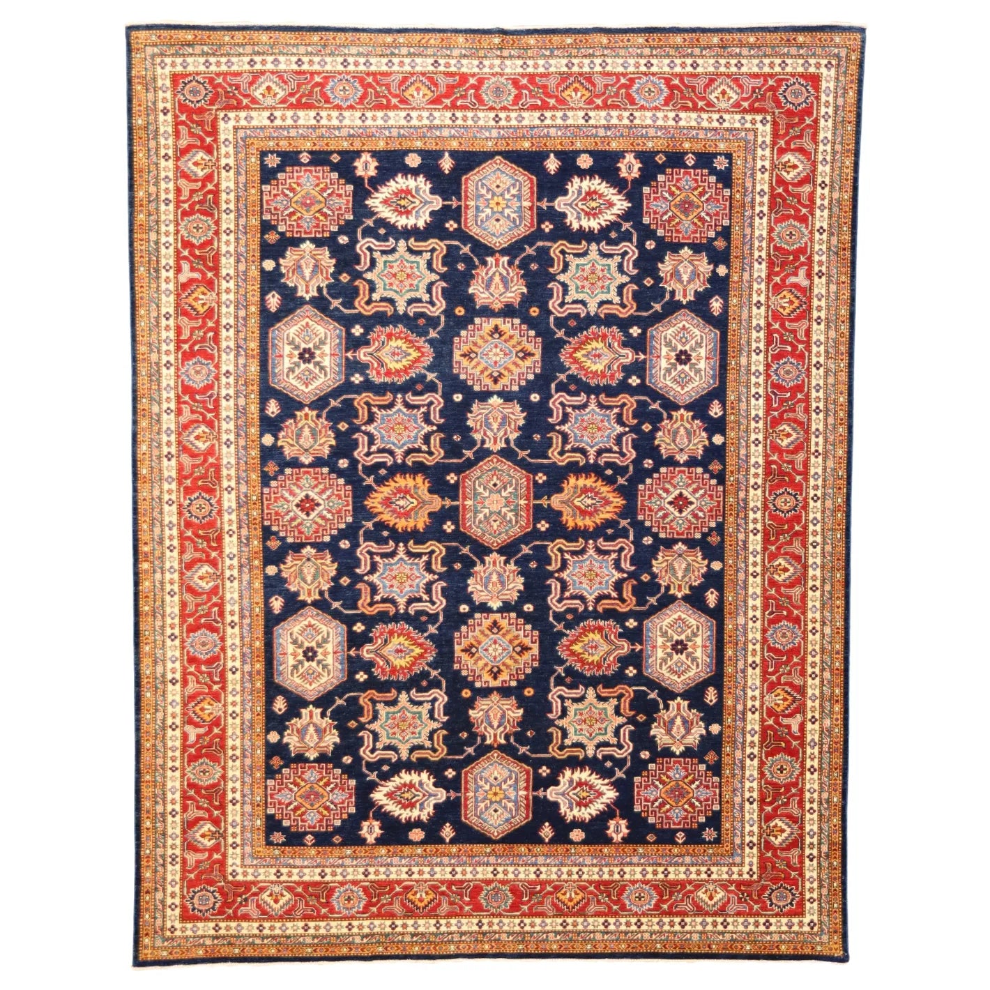 8'0" x 10'3" BLUE AND RED KAZAK PAKISTANI GEOMETRIC RUG
