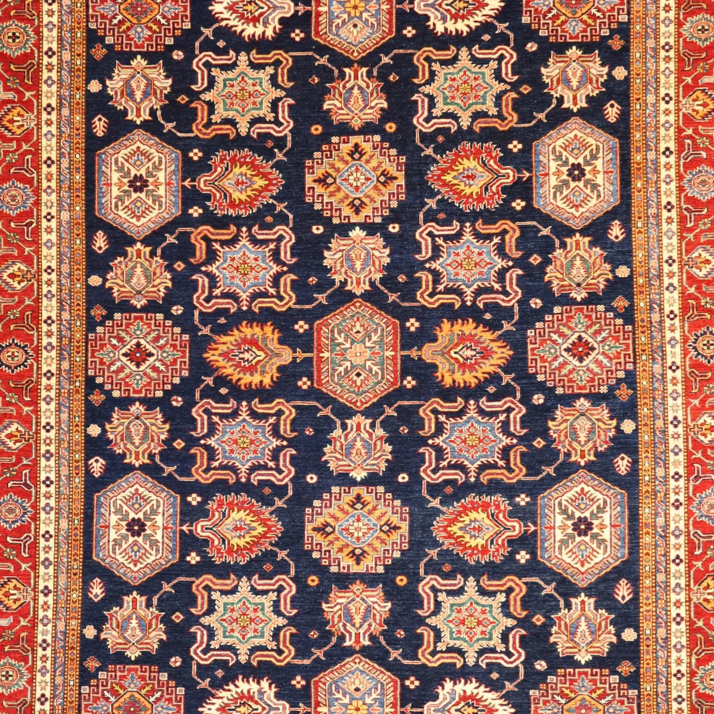 8'0" x 10'3" BLUE AND RED KAZAK PAKISTANI GEOMETRIC RUG
